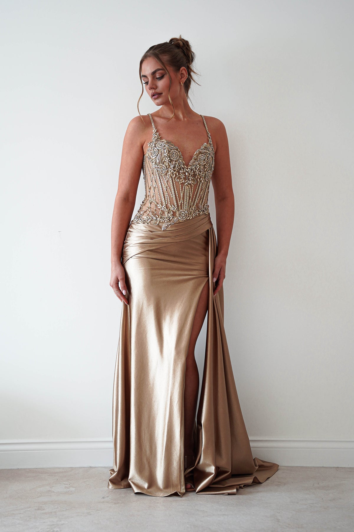 Sahara Embellished Corset Satin Gown | Dark Gold-Oh Hello Clothing
