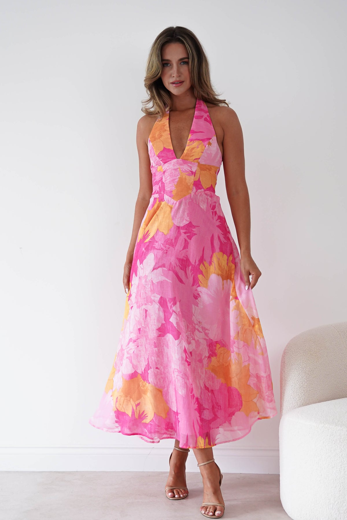 Sanya Floral Print Halterneck Maxi Dress | Pink-Oh Hello Clothing