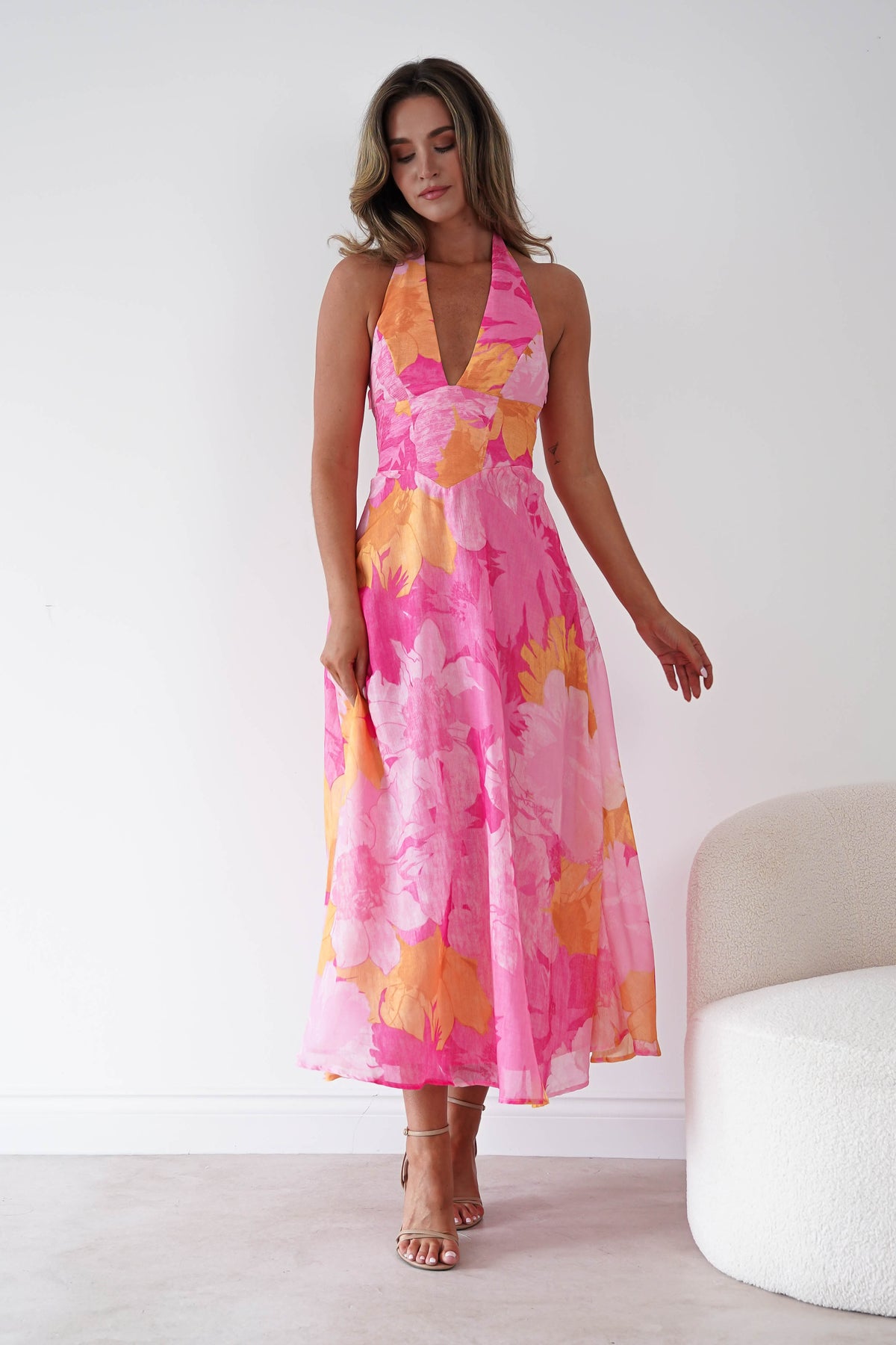 Sanya Floral Print Halterneck Maxi Dress | Pink-Oh Hello Clothing