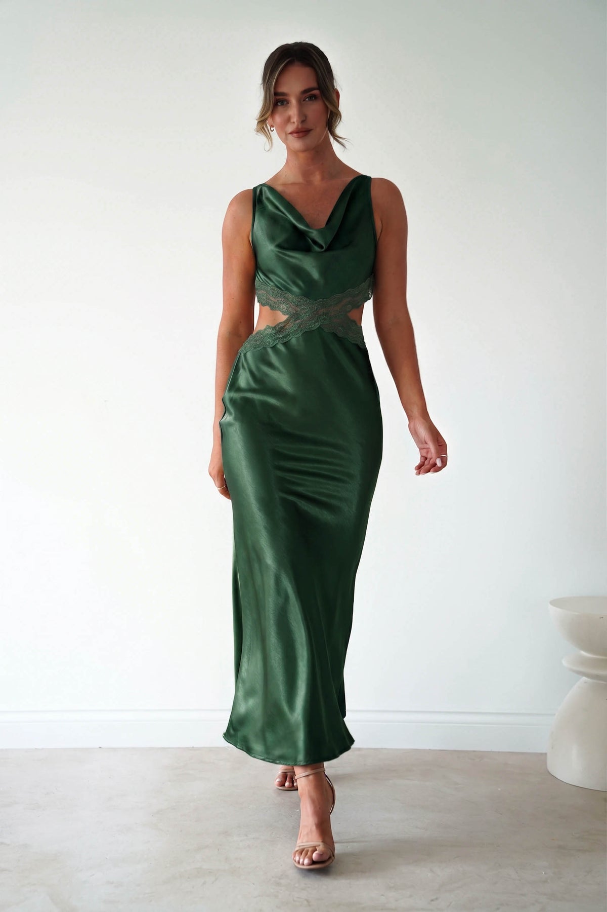 Saoirse Satin Lace Cut Out Maxi Dress | Dark Green-Oh Hello Clothing