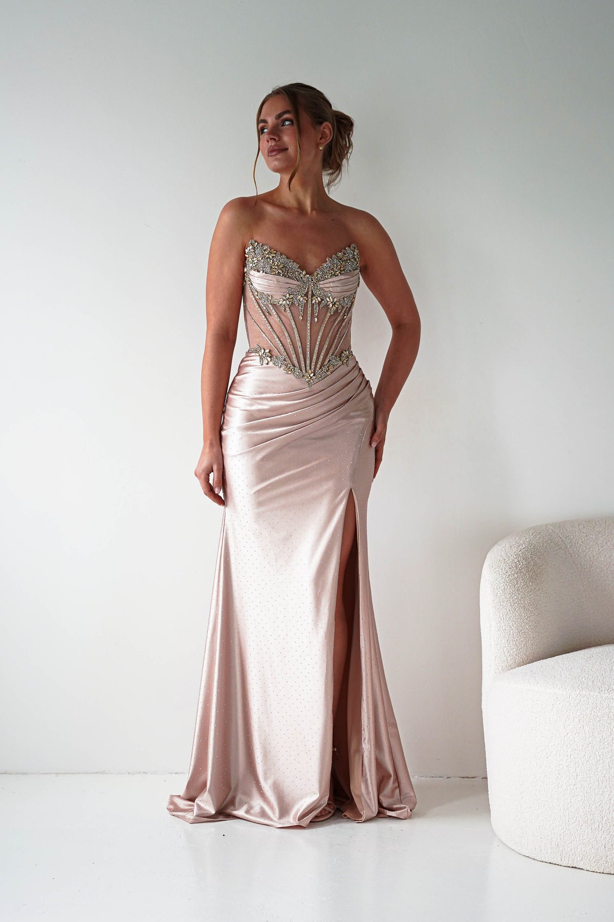 Sarena Strapless Embellished Prom Dress | Gold-Oh Hello Clothing