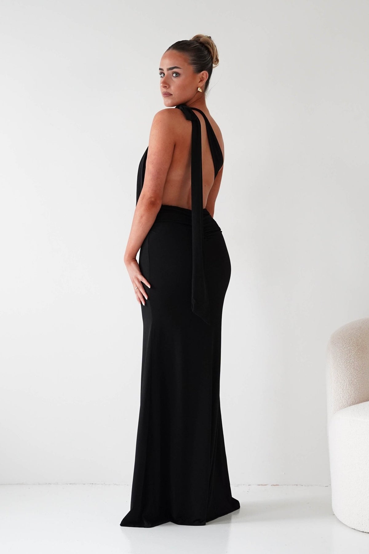Seraphine Backless Tie Bodycon Maxi Gown | Black-Oh Hello Clothing