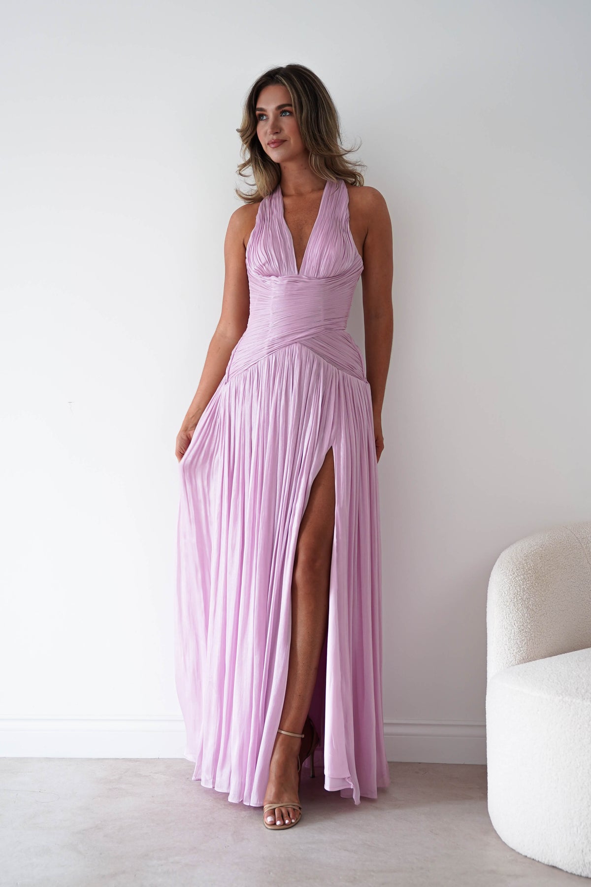 Sharelle Pleated Luminescent Maxi Gown | Pink-Oh Hello Clothing