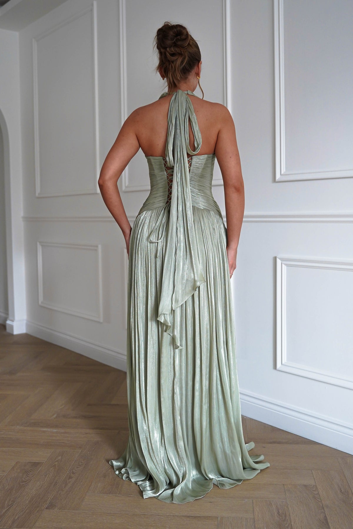 Sharelle Pleated Luminescent Maxi Gown | Sage-Oh Hello Clothing