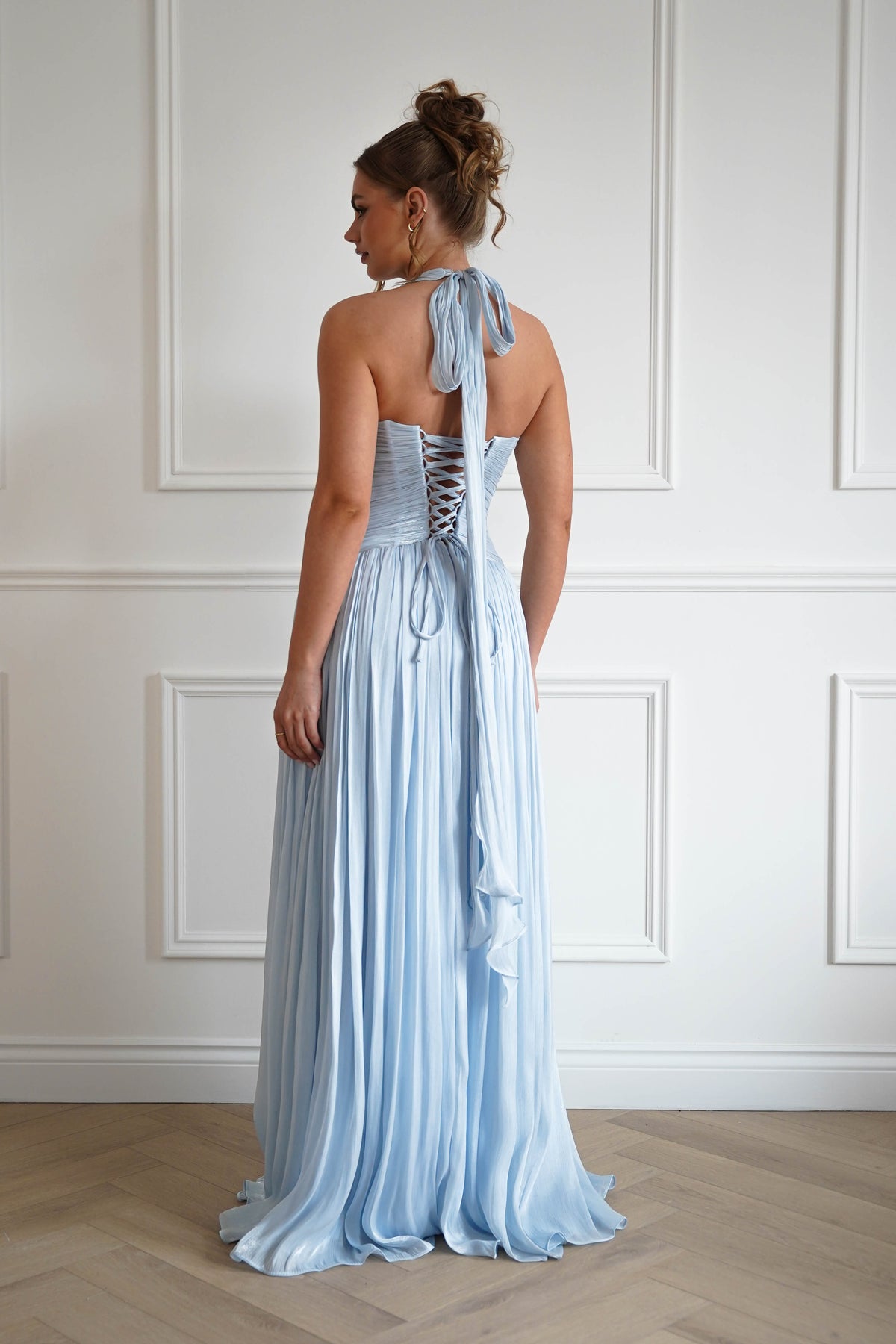 Sharelle Pleated Luminescent Maxi Gown | Sky Blue-Oh Hello Clothing