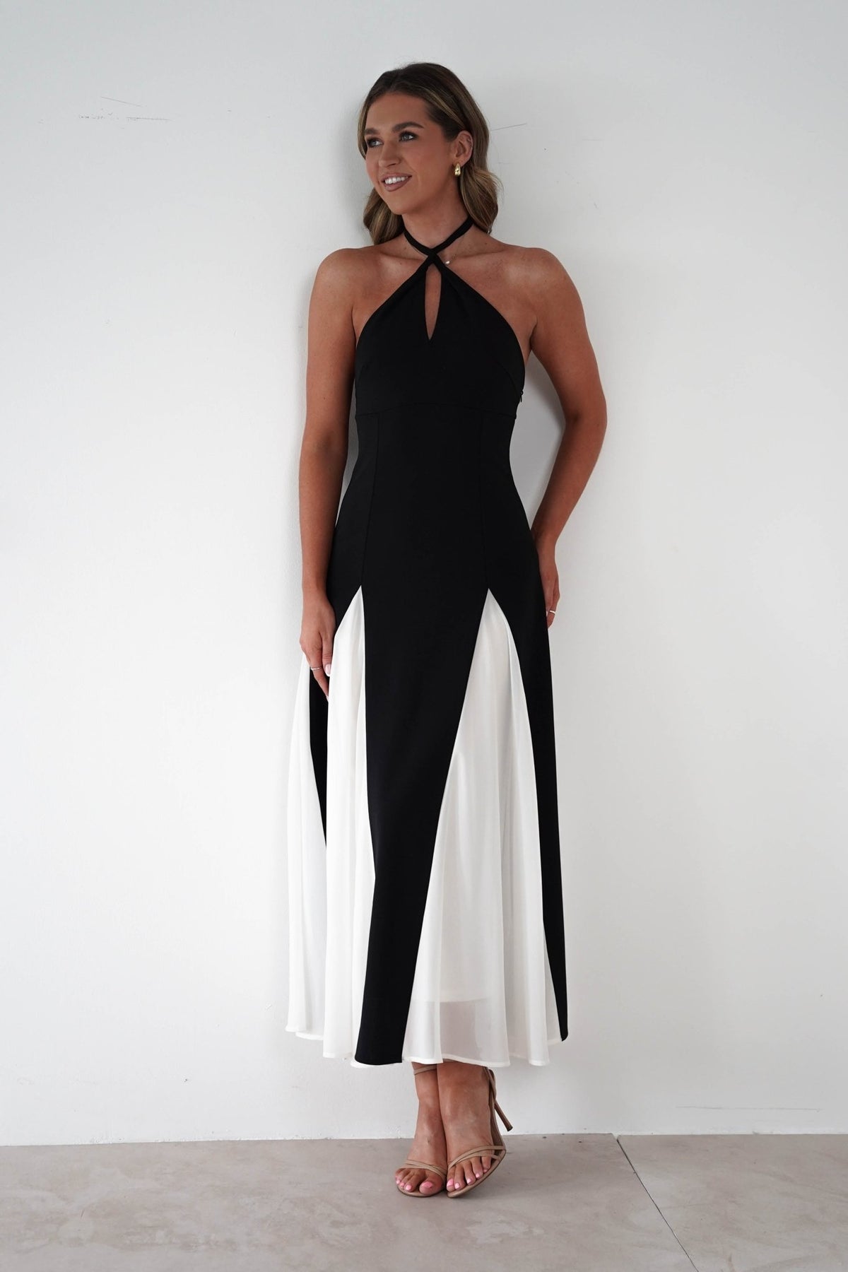 Silvana Halterneck Panel Maxi Dress | Black/White-Oh Hello Clothing