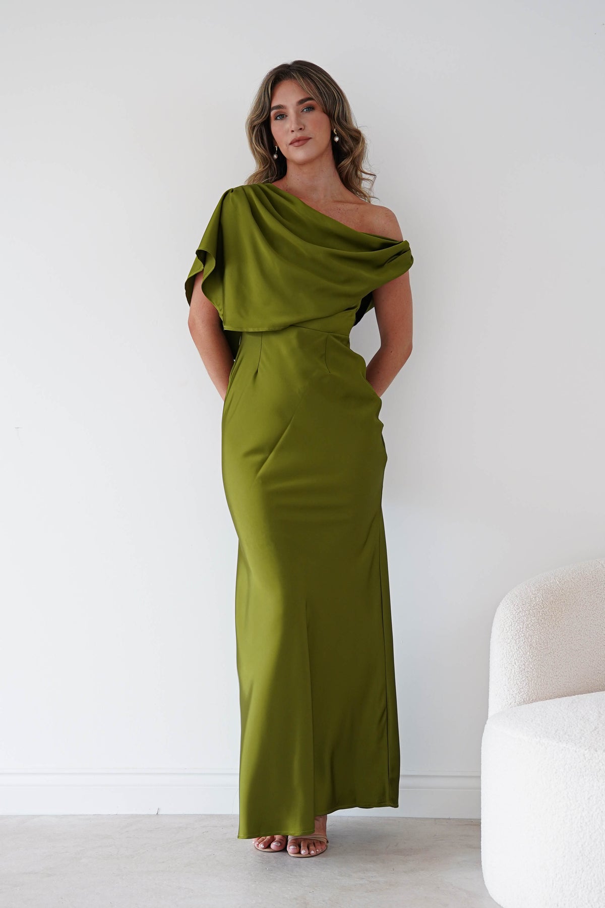 Sinead Satin Draped Maxi Dress | Olive Green-Oh Hello Clothing