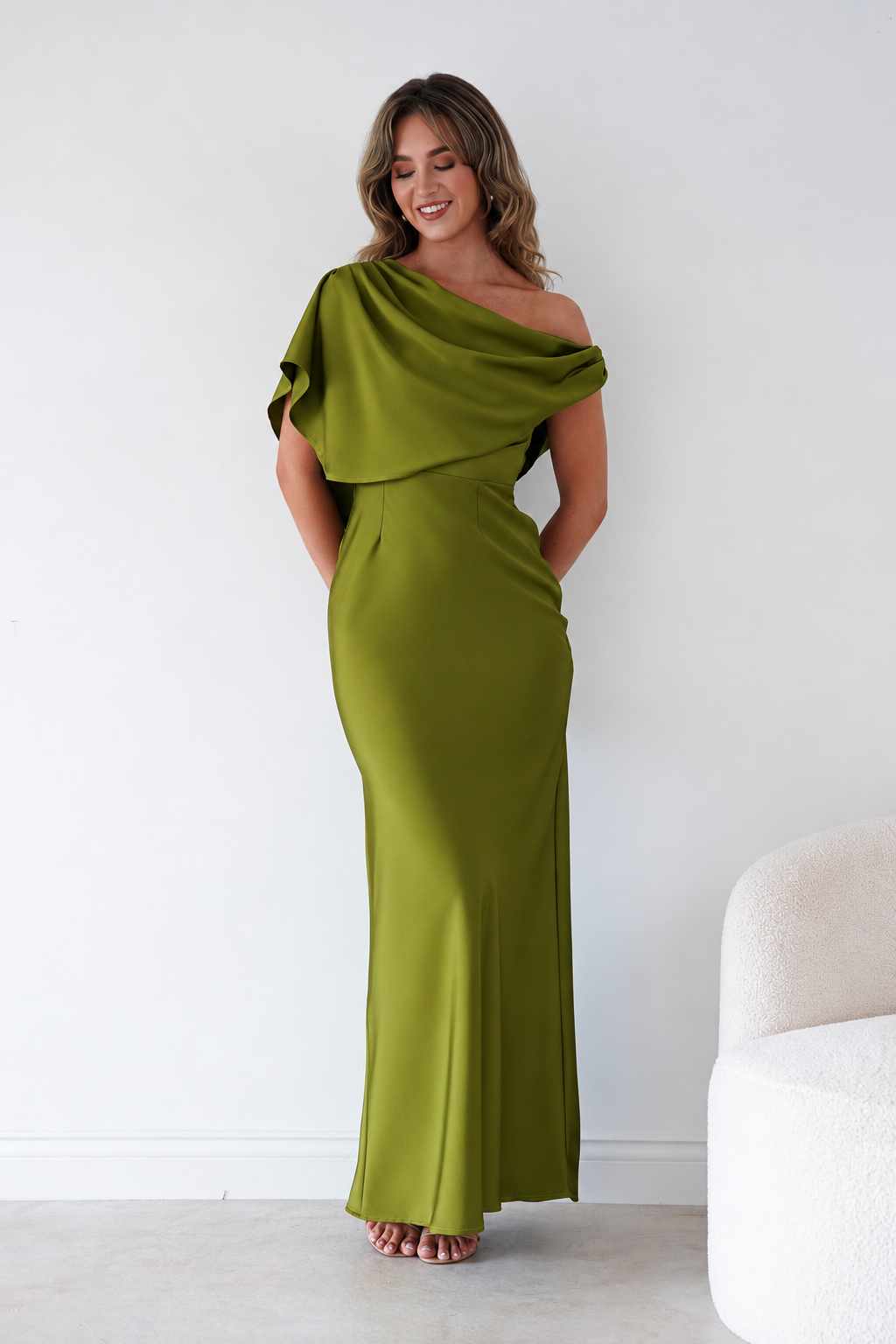 Sinead Satin Draped Maxi Dress | Olive Green-Oh Hello Clothing