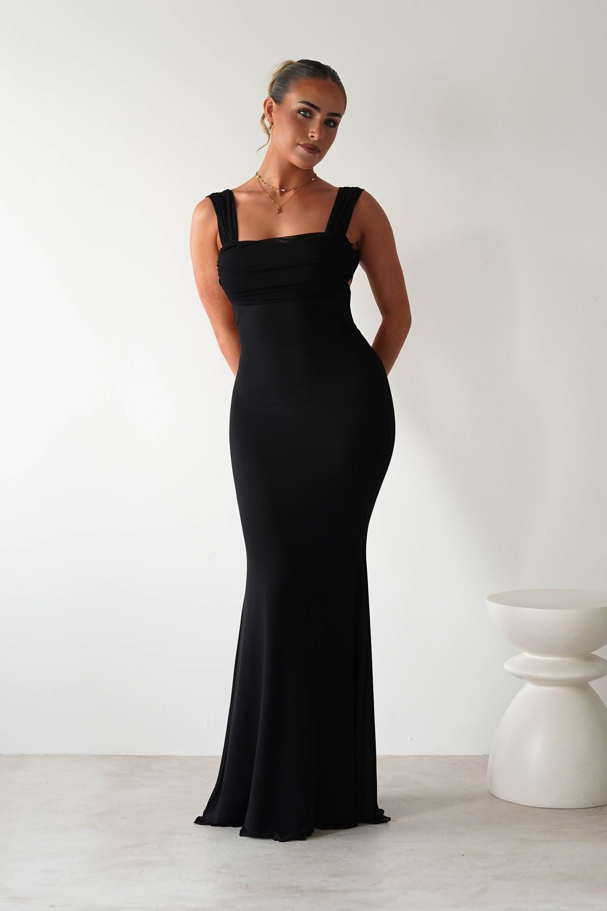 Sky Stretchy Mesh Backless Maxi Dress | Black-Oh Hello Clothing