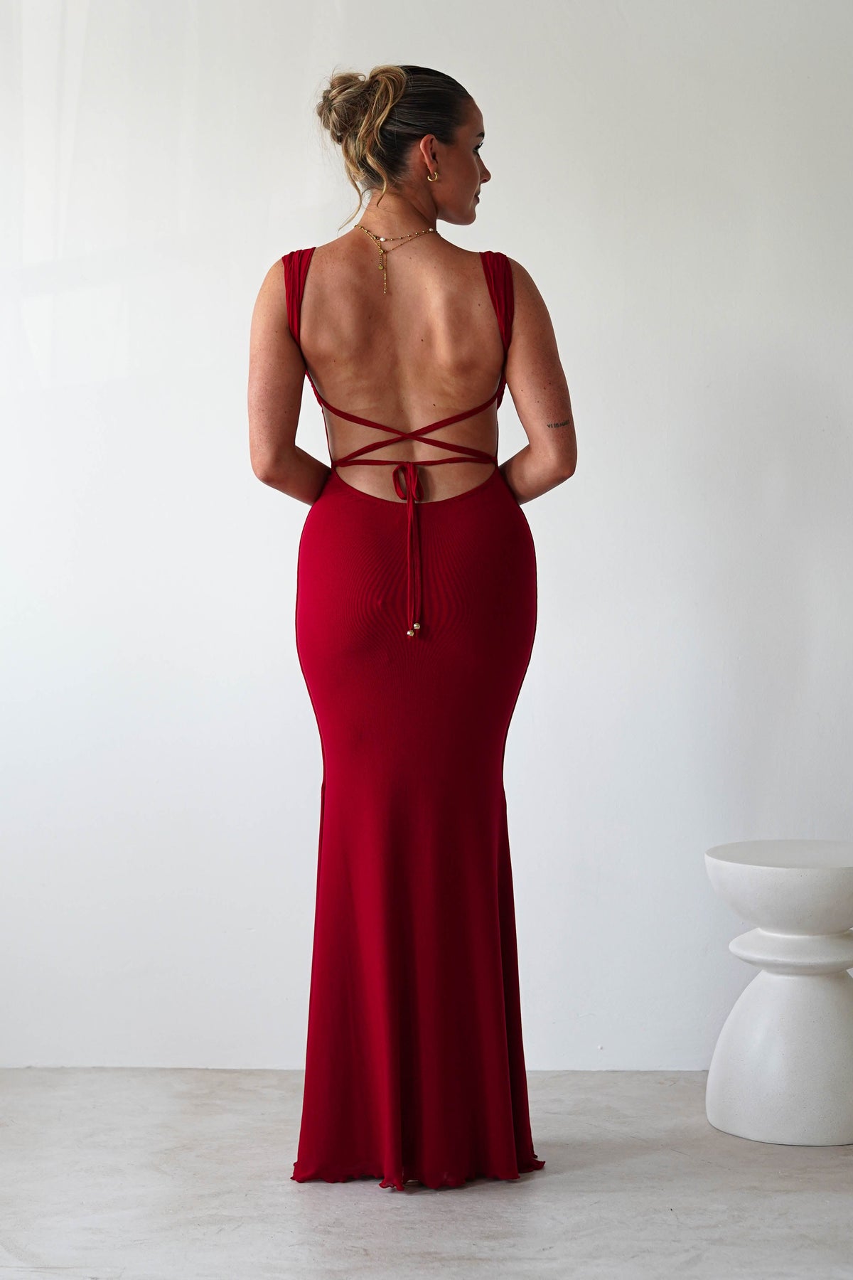 Sky Stretchy Mesh Backless Maxi Dress | Dark Red-Oh Hello Clothing