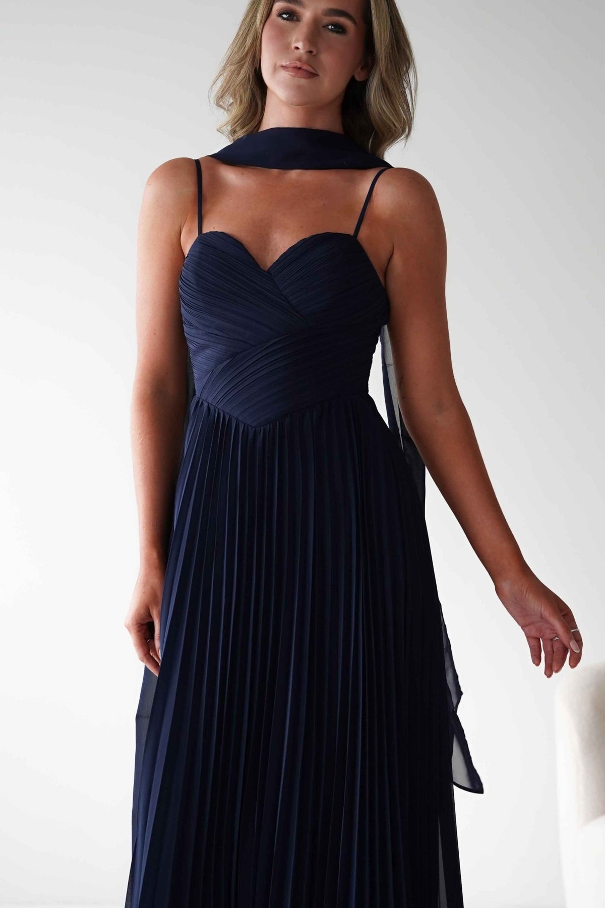 Sonia Pleated Scarf detail Maxi Dress | Navy-Oh Hello Clothing
