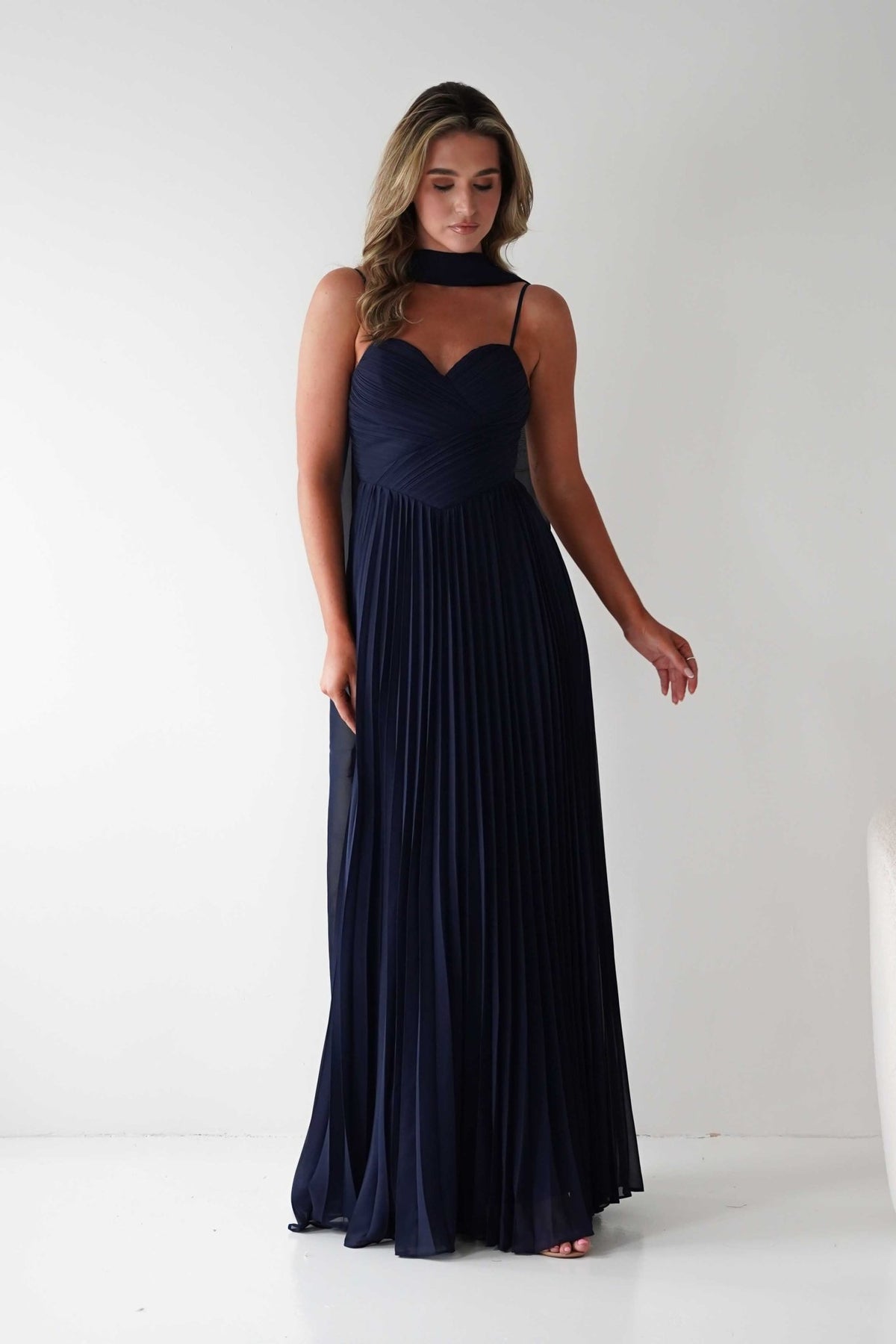 Sonia Pleated Scarf detail Maxi Dress | Navy-Oh Hello Clothing