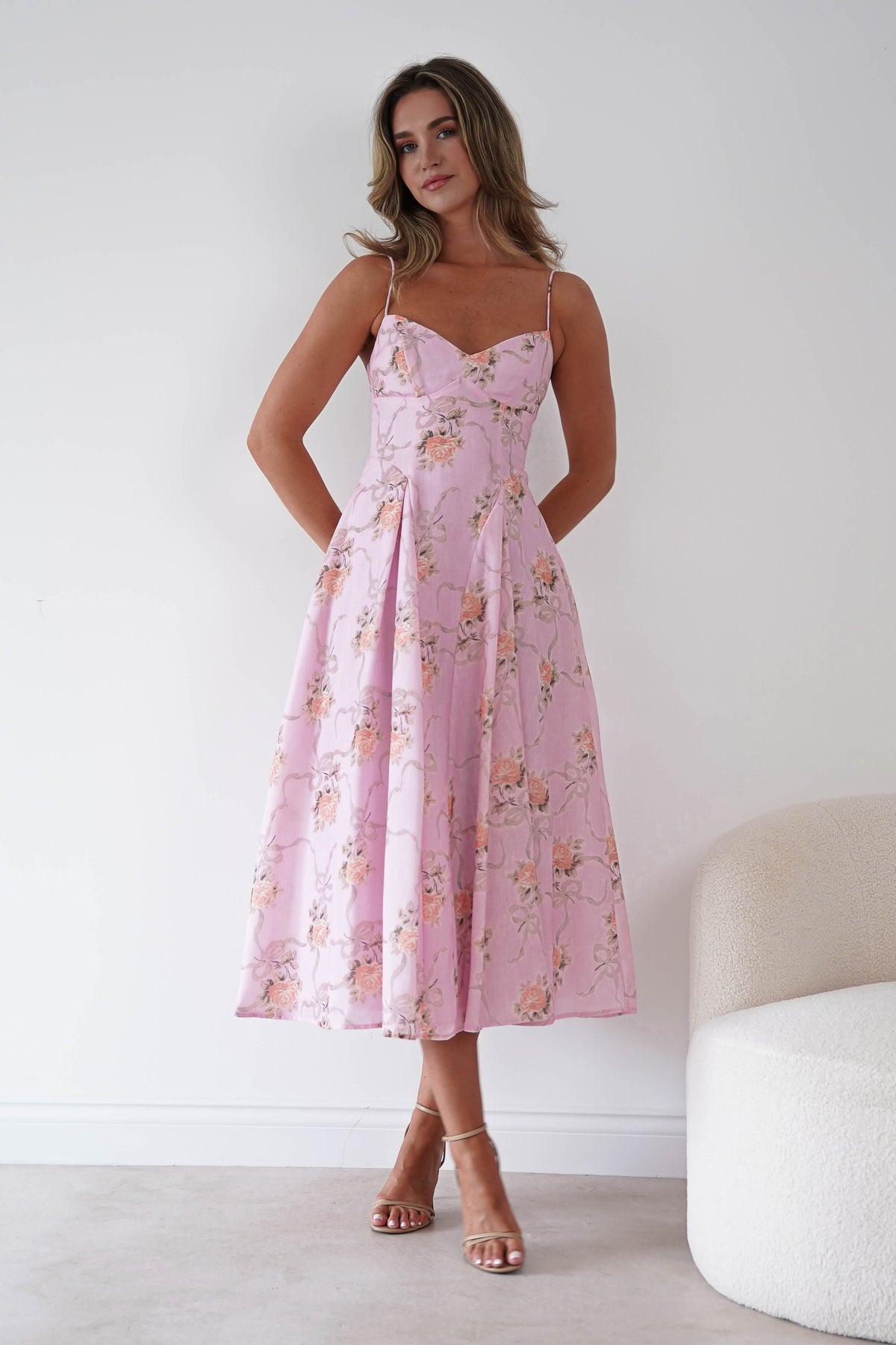 Tess Floral Print Skater Midaxi Dress | Pink-Oh Hello Clothing