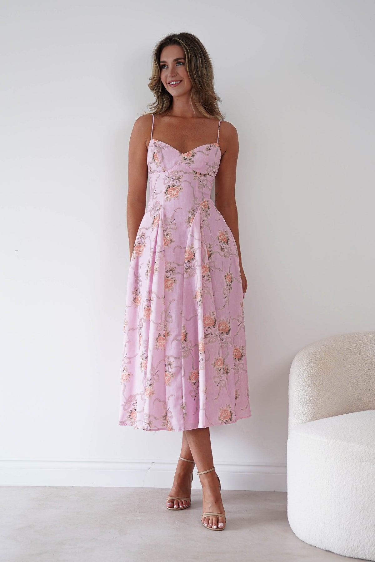 Tess Floral Print Skater Midaxi Dress | Pink-Oh Hello Clothing