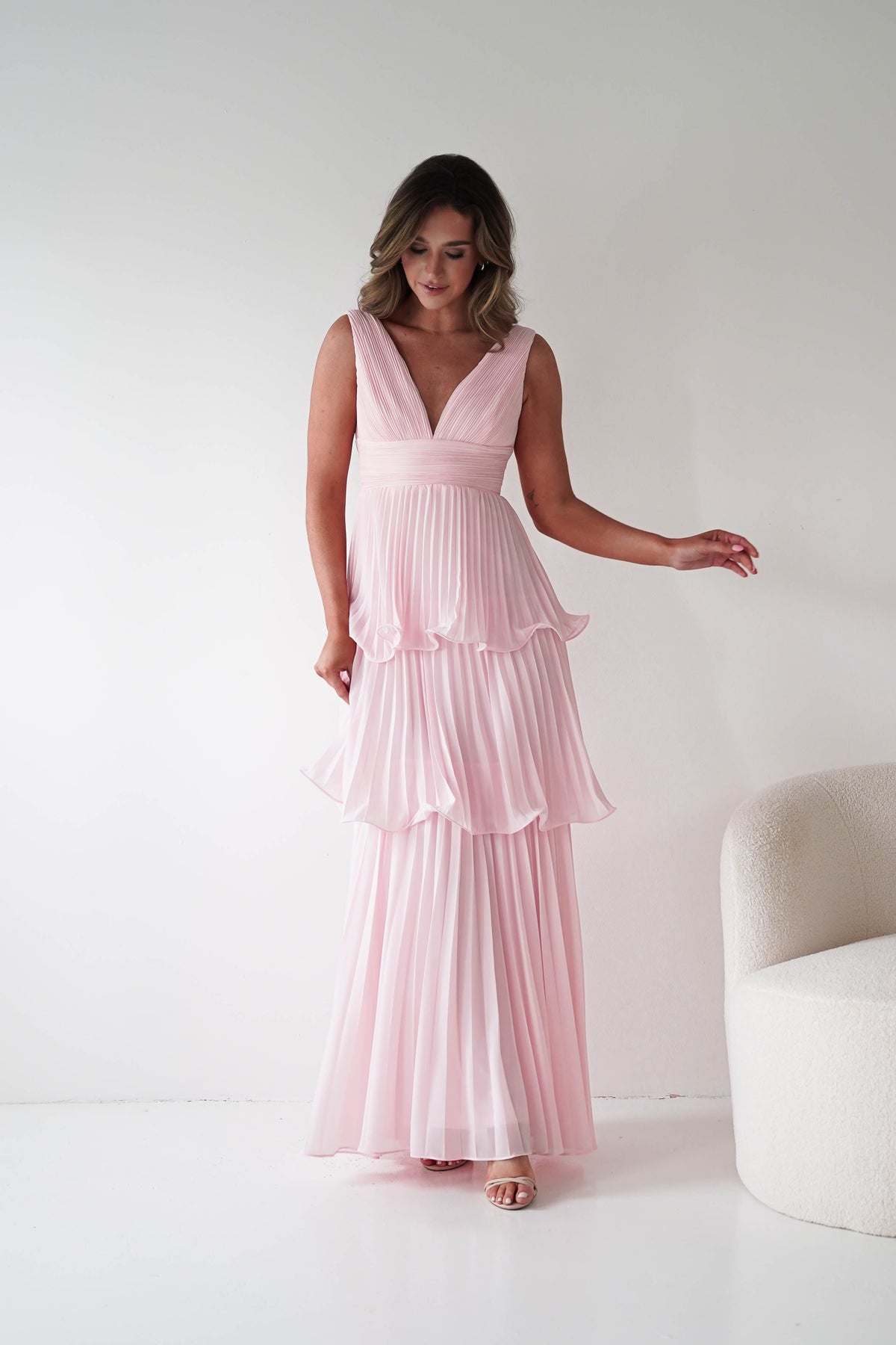 Vina Tiered Pleated Layered Maxi Dress | Blush Pink-Oh Hello Clothing