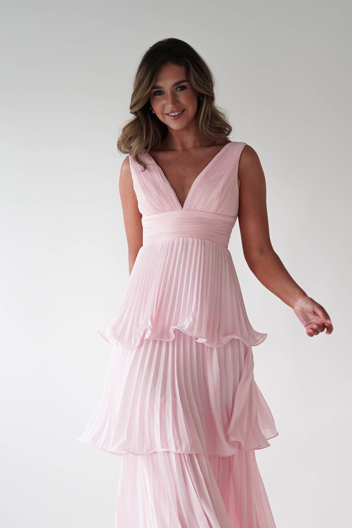 Vina Tiered Pleated Layered Maxi Dress | Blush Pink-Oh Hello Clothing