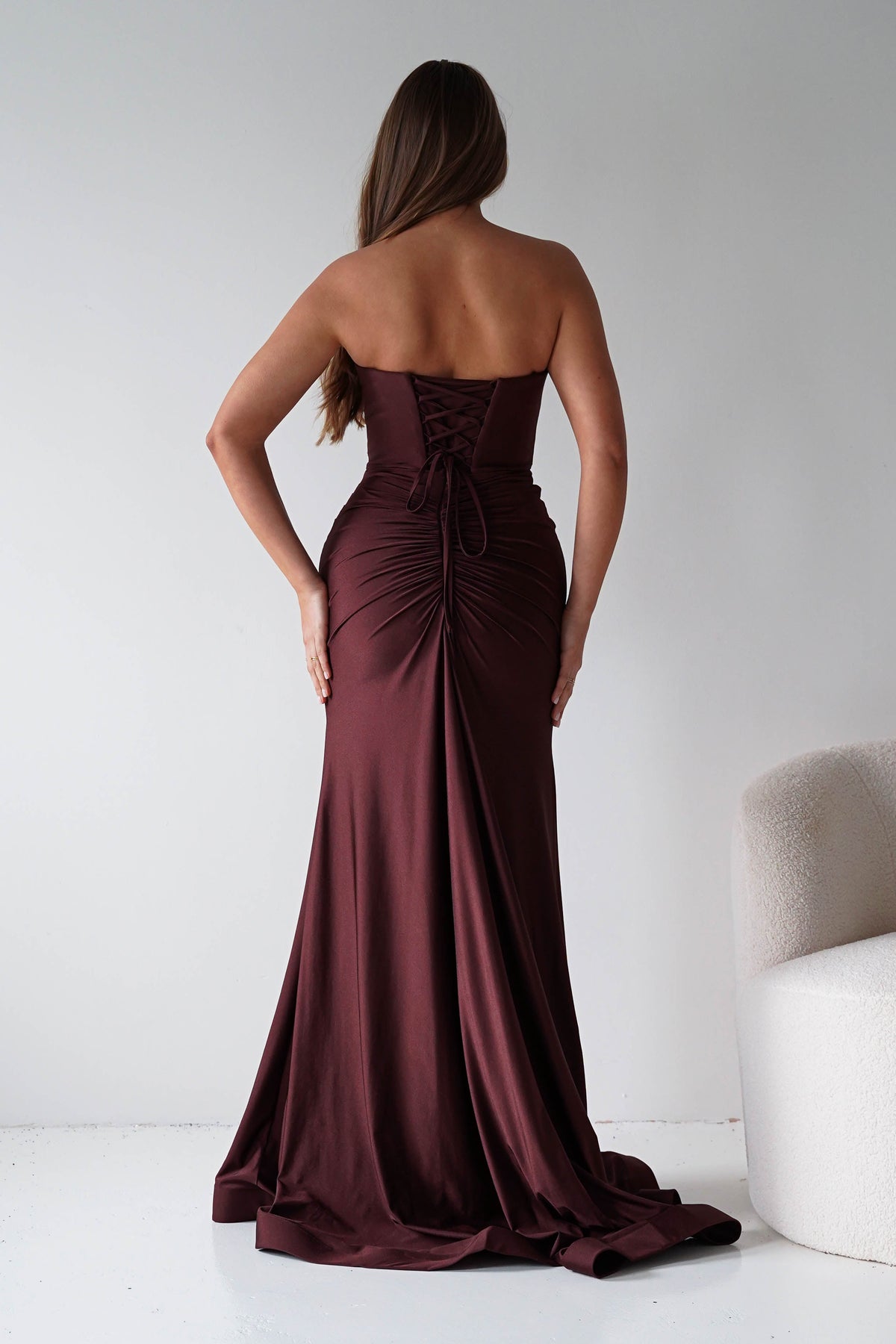 Visenta Ruched Bodice Strapless Gown | Espresso-Oh Hello Clothing