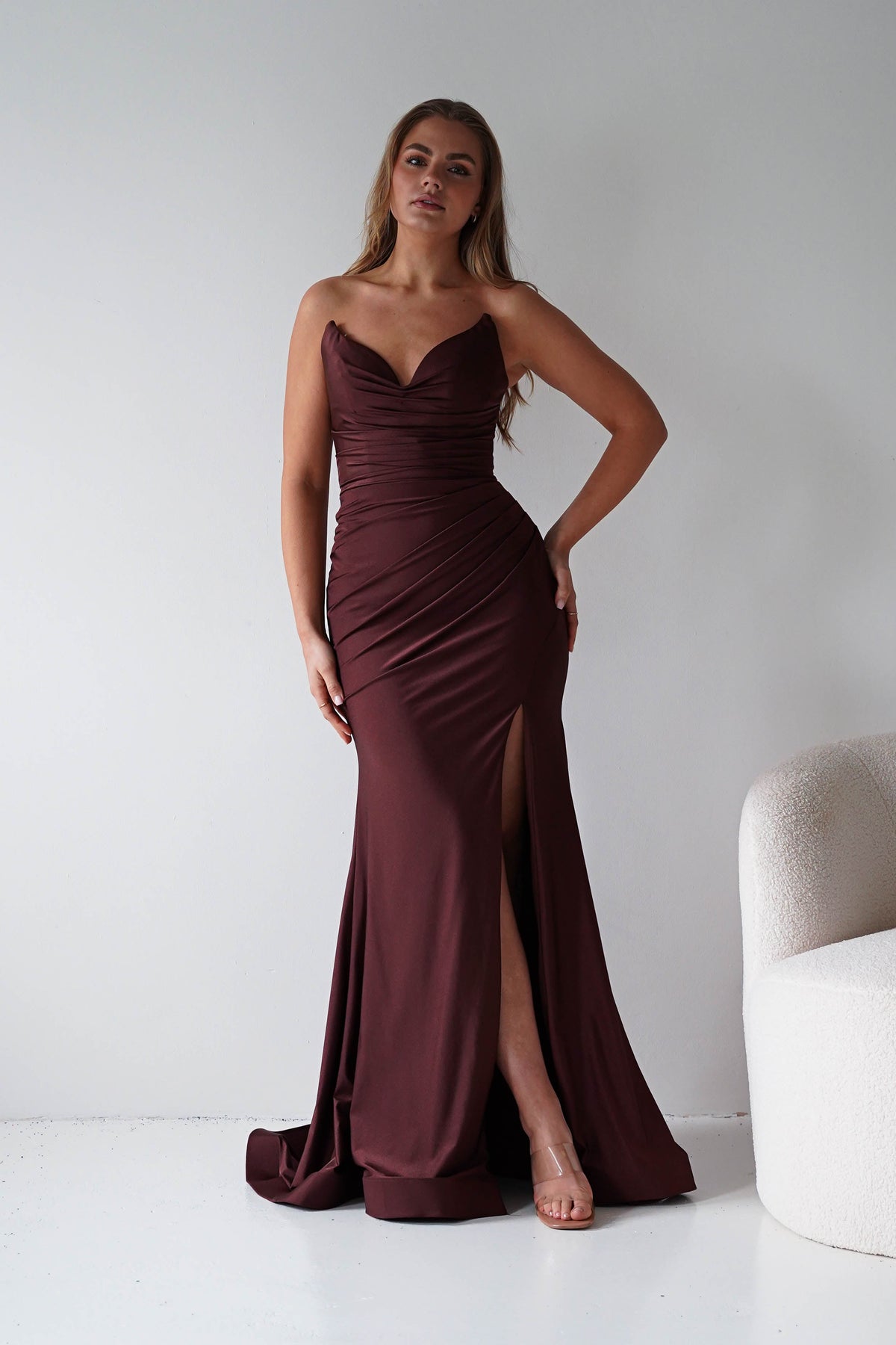 Visenta Ruched Bodice Strapless Gown | Espresso-Oh Hello Clothing