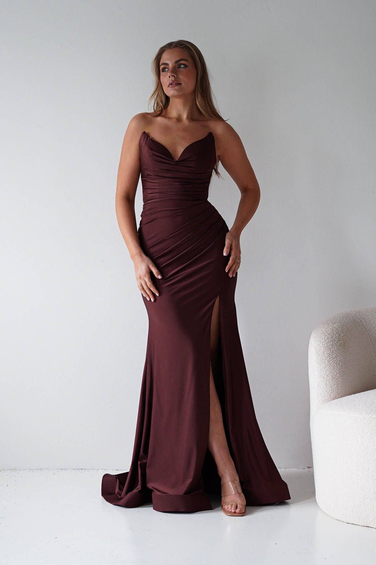 Visenta Ruched Bodice Strapless Gown | Espresso-Oh Hello Clothing