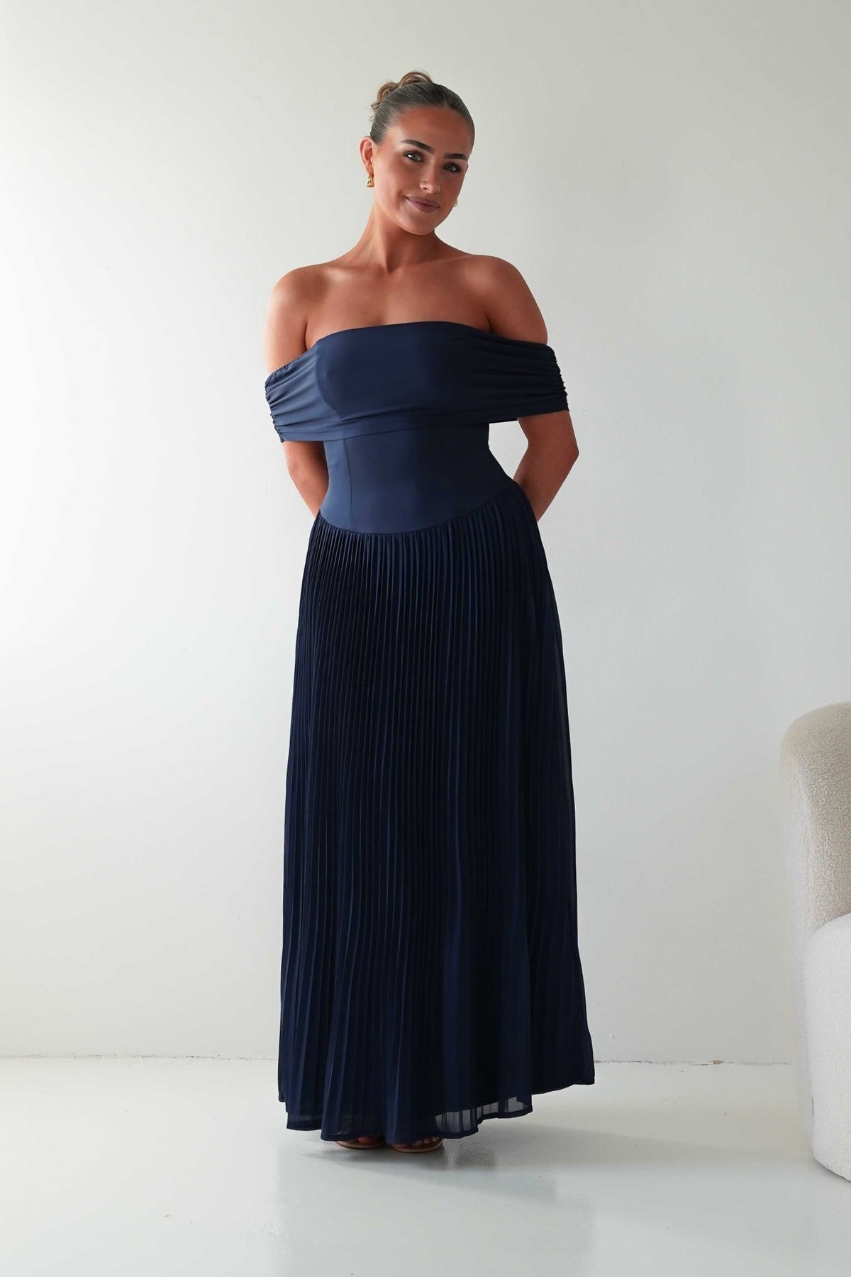 Whitney Pleated Off The Shoulder Maxi Dress | Navy-Oh Hello Clothing