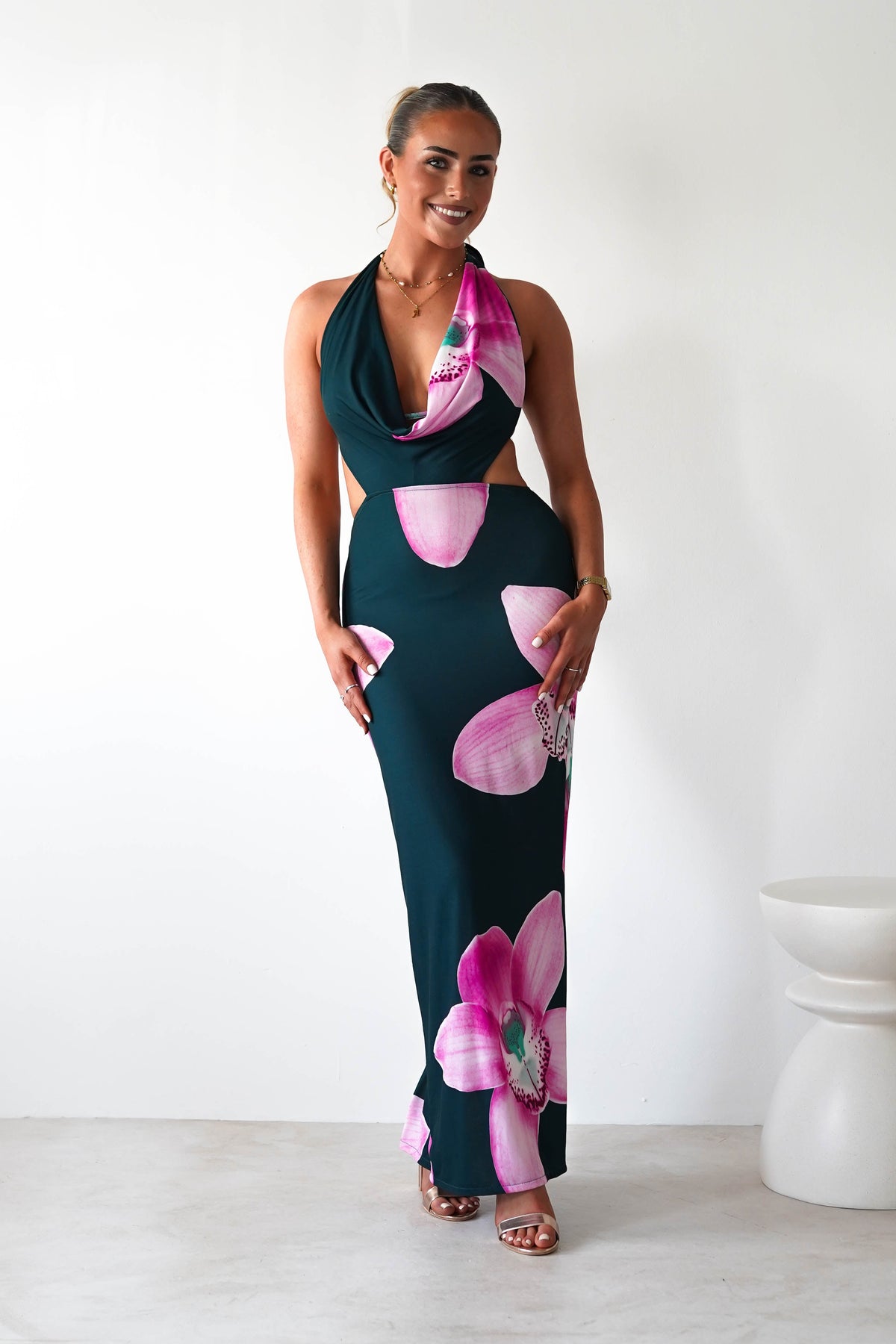 Zinnia Cut Out Bodycon Maxi | Green/Floral-Oh Hello Clothing