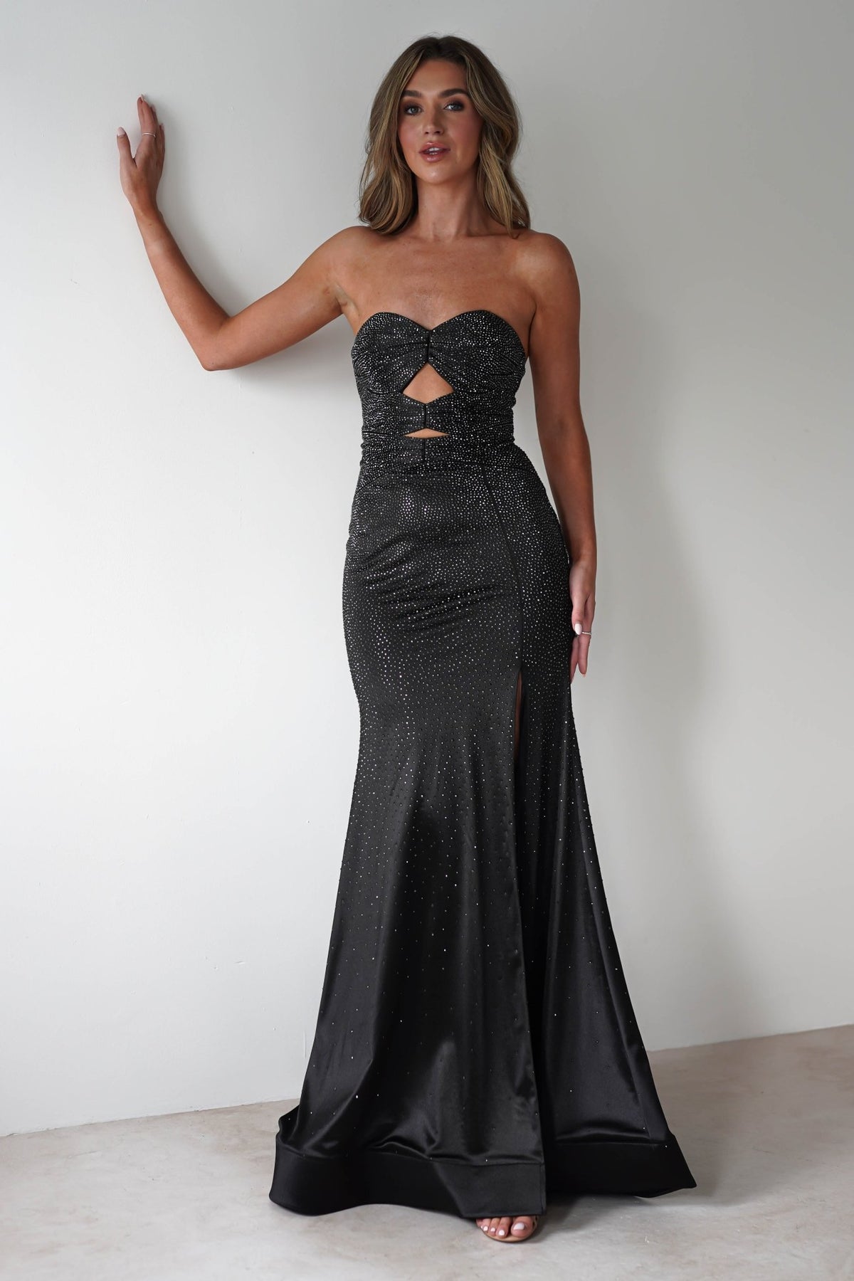 Zohra Cut Out Strapless Rhinestone Gown | Black-Oh Hello Clothing