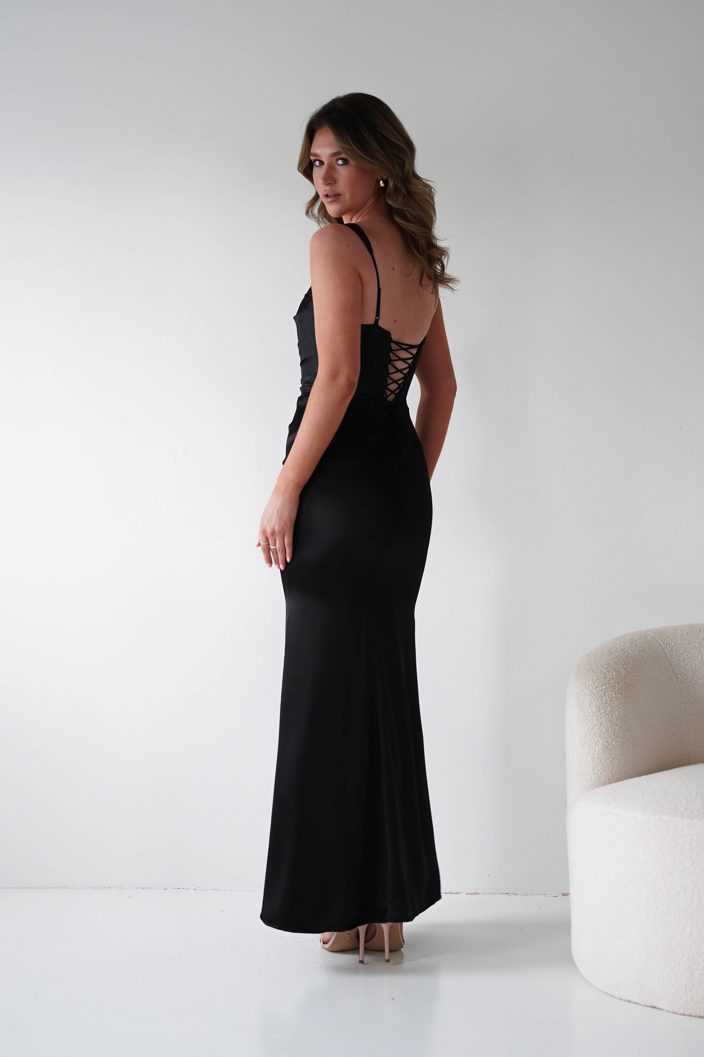 Oh Hello Clothing Women > Clothing > Dresses Addison Sqaure Neck Satin Maxi Dress | Black