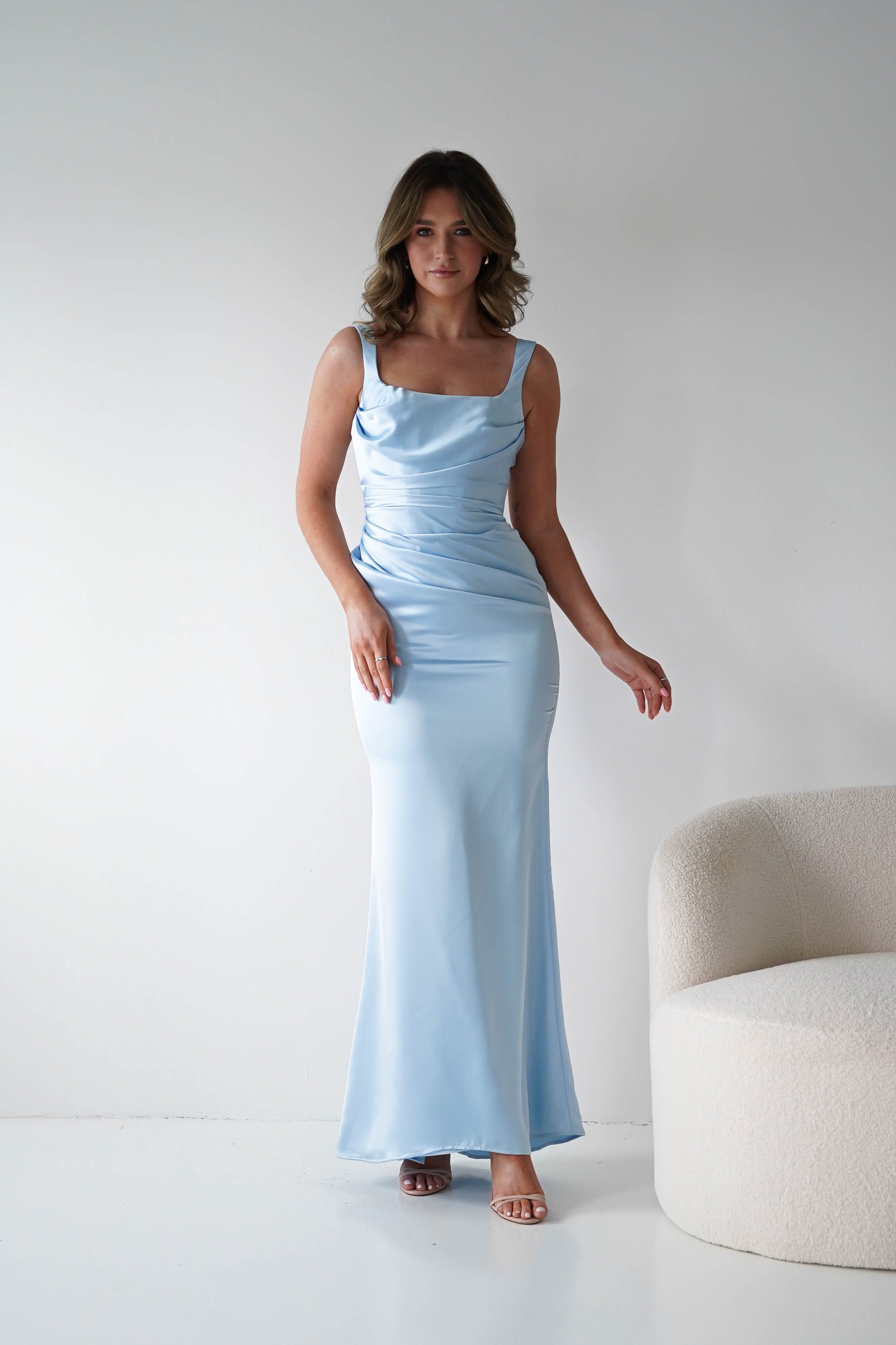 Oh Hello Clothing Women > Clothing > Dresses Addison Sqaure Neck Satin Maxi Dress | Blue