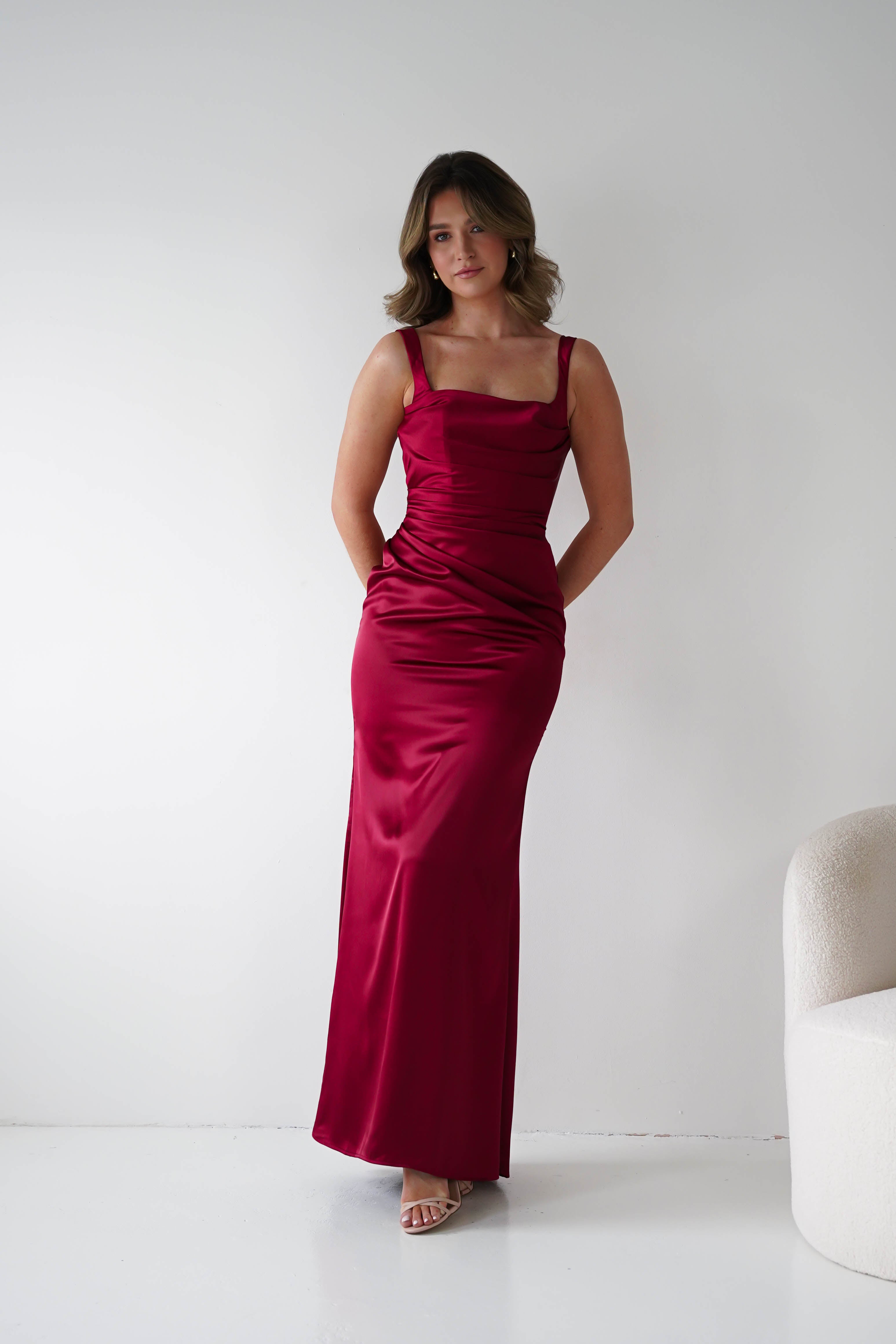Oh Hello Clothing Women > Clothing > Dresses Addison Sqaure Neck Satin Maxi Dress | Dark Red