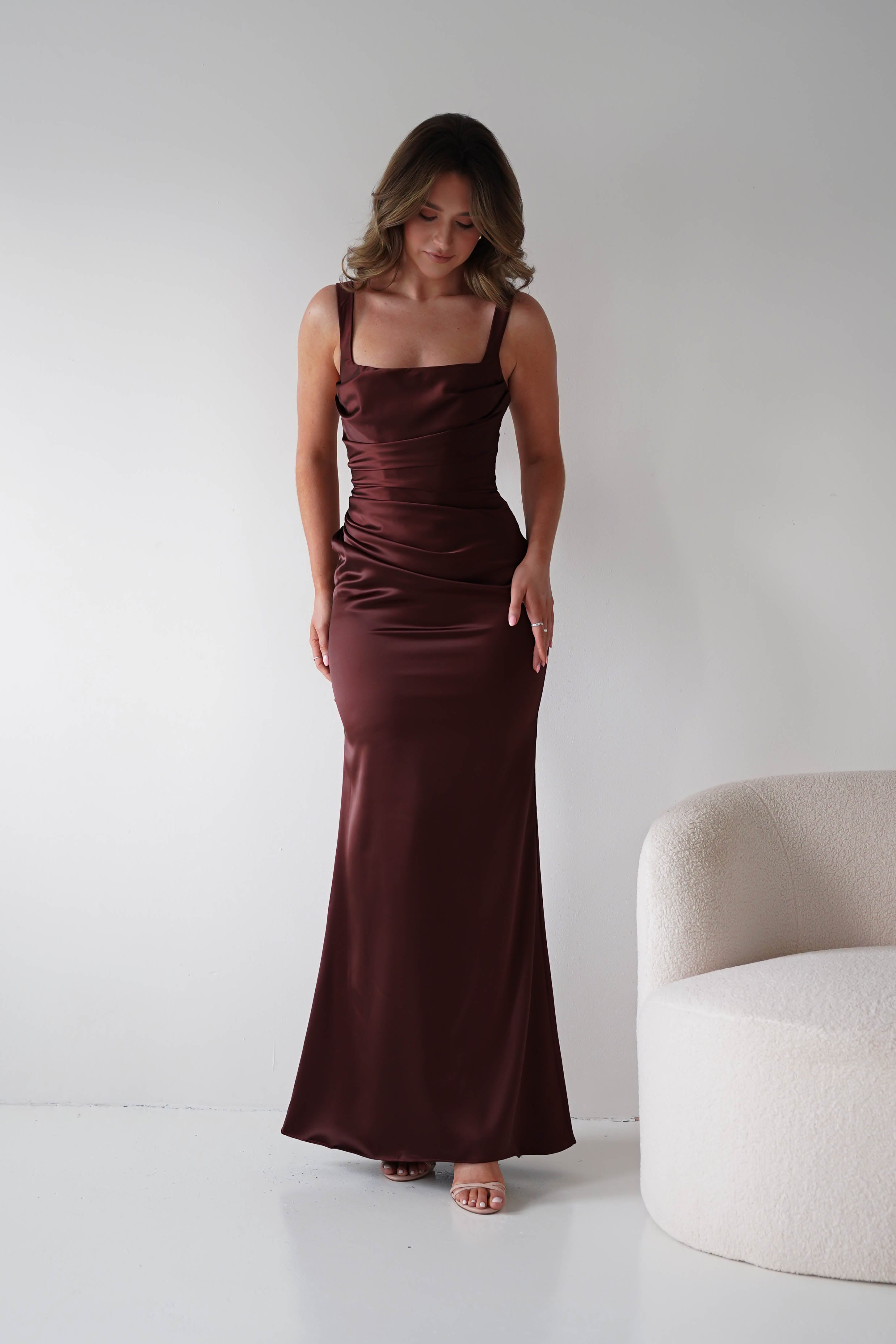 Oh Hello Clothing Women > Clothing > Dresses Addison Sqaure Neck Satin Maxi Dress | Espresso