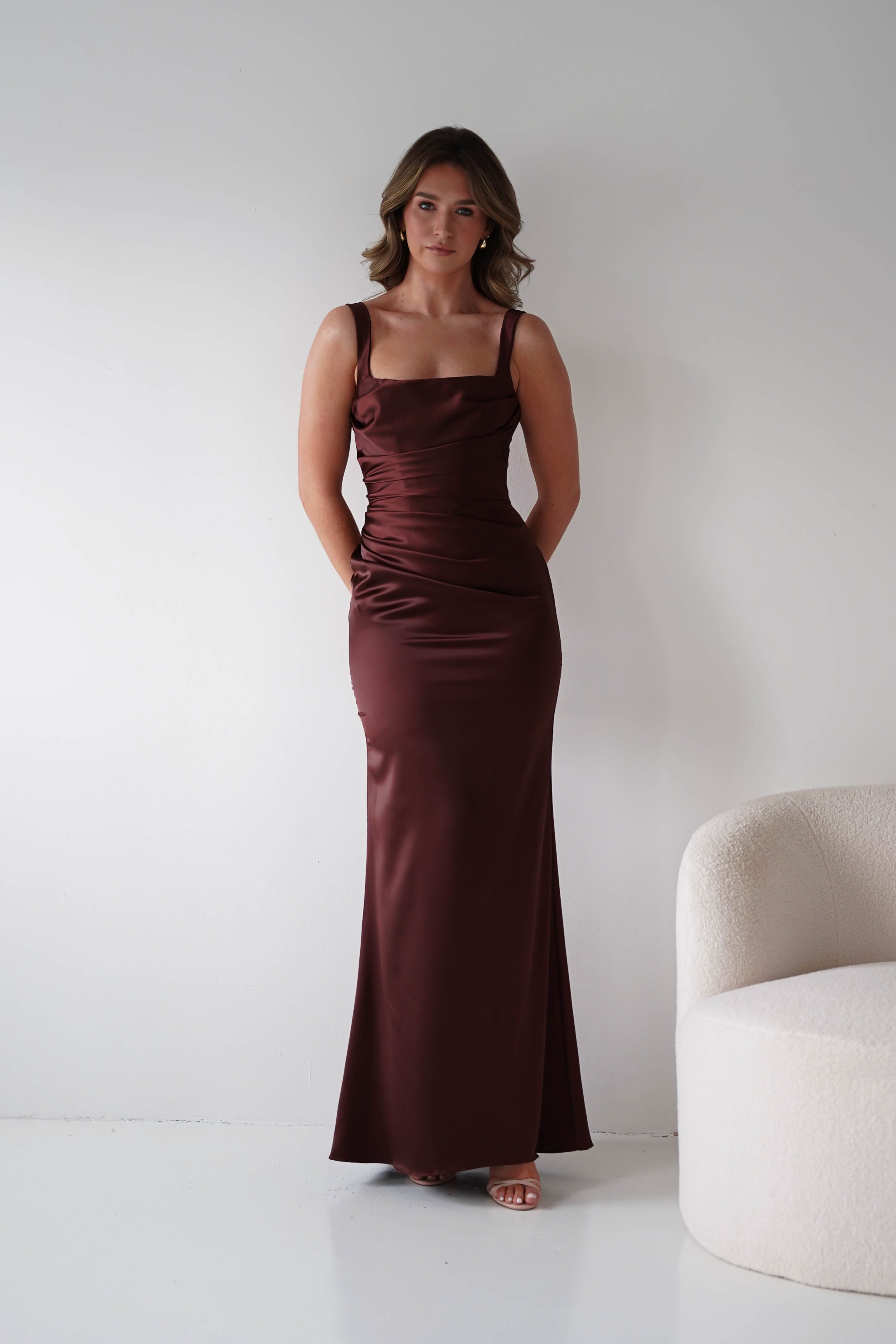 Oh Hello Clothing Women > Clothing > Dresses Addison Sqaure Neck Satin Maxi Dress | Espresso