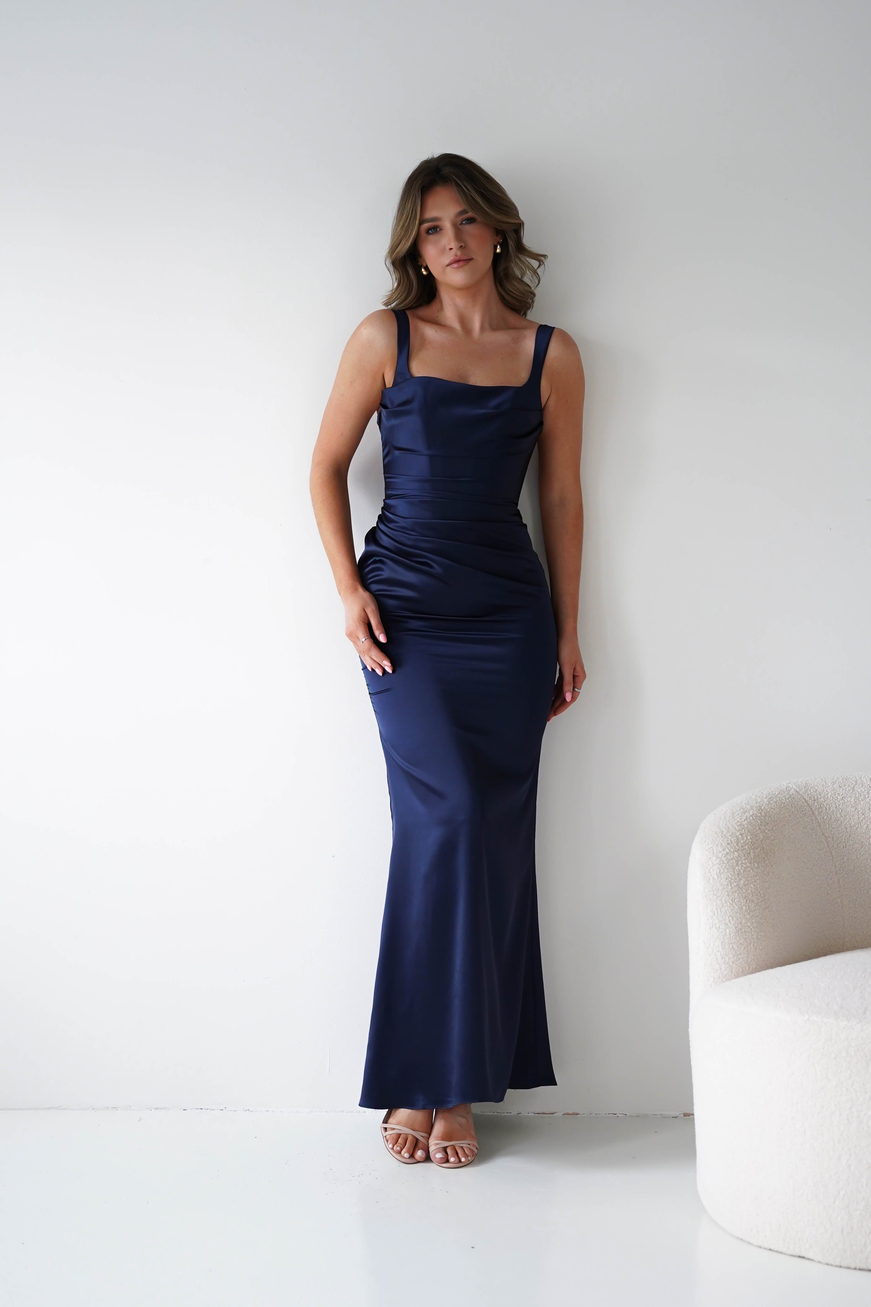 Oh Hello Clothing Women > Clothing > Dresses Addison Sqaure Neck Satin Maxi Dress | Navy