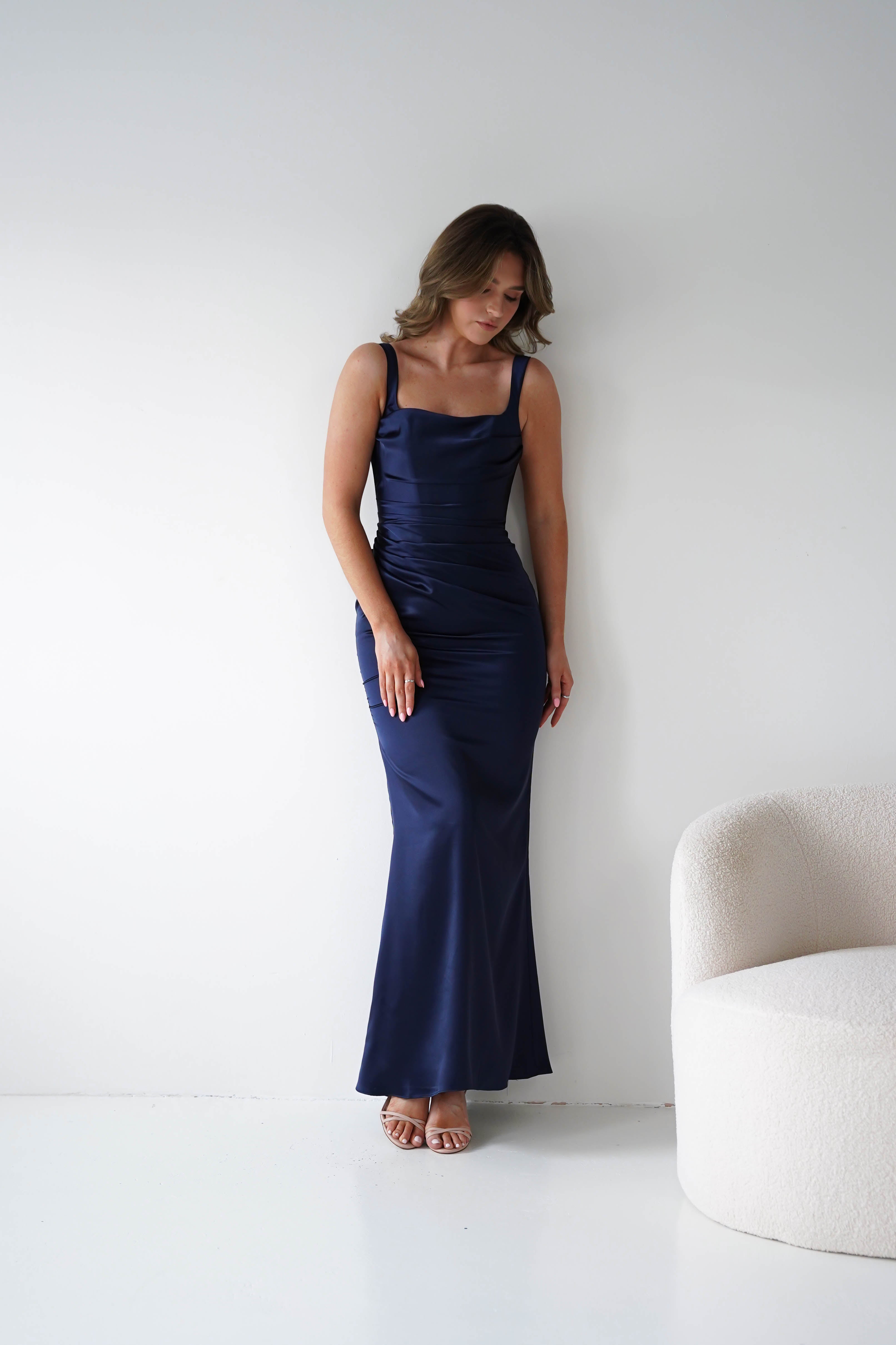 Oh Hello Clothing Women > Clothing > Dresses Addison Sqaure Neck Satin Maxi Dress | Navy