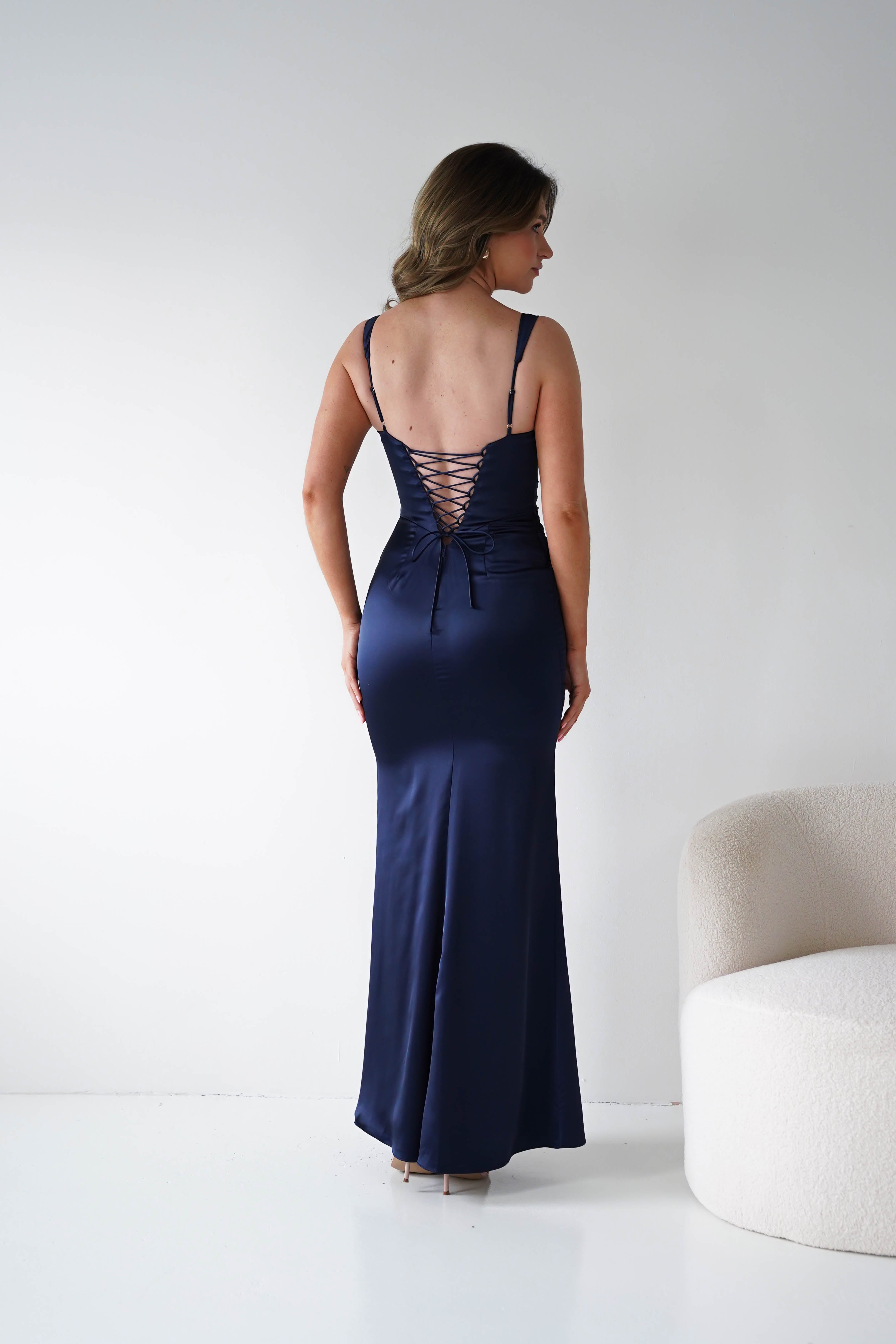 Oh Hello Clothing Women > Clothing > Dresses Addison Sqaure Neck Satin Maxi Dress | Navy