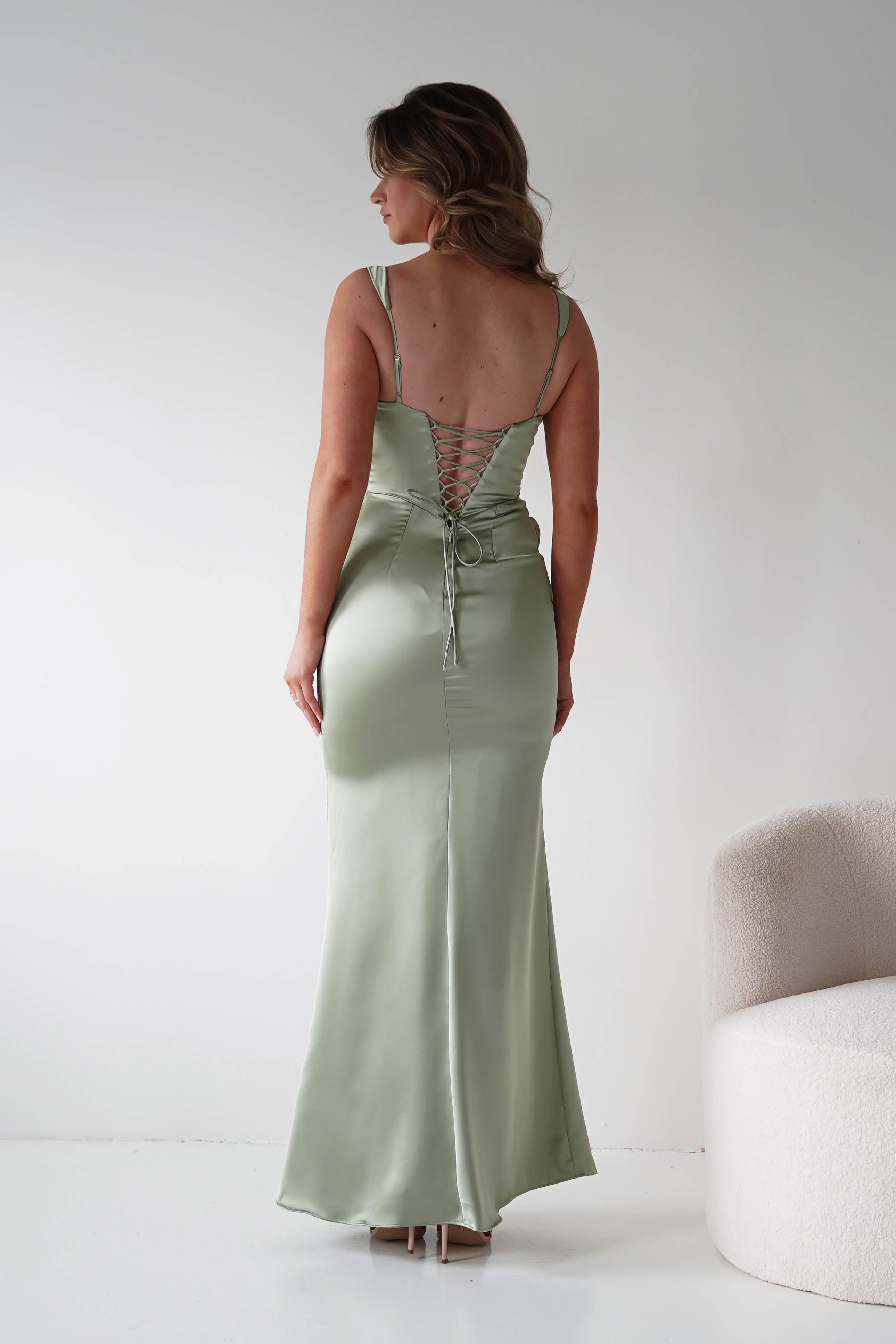 Oh Hello Clothing Women > Clothing > Dresses Addison Sqaure Neck Satin Maxi Dress | Sage
