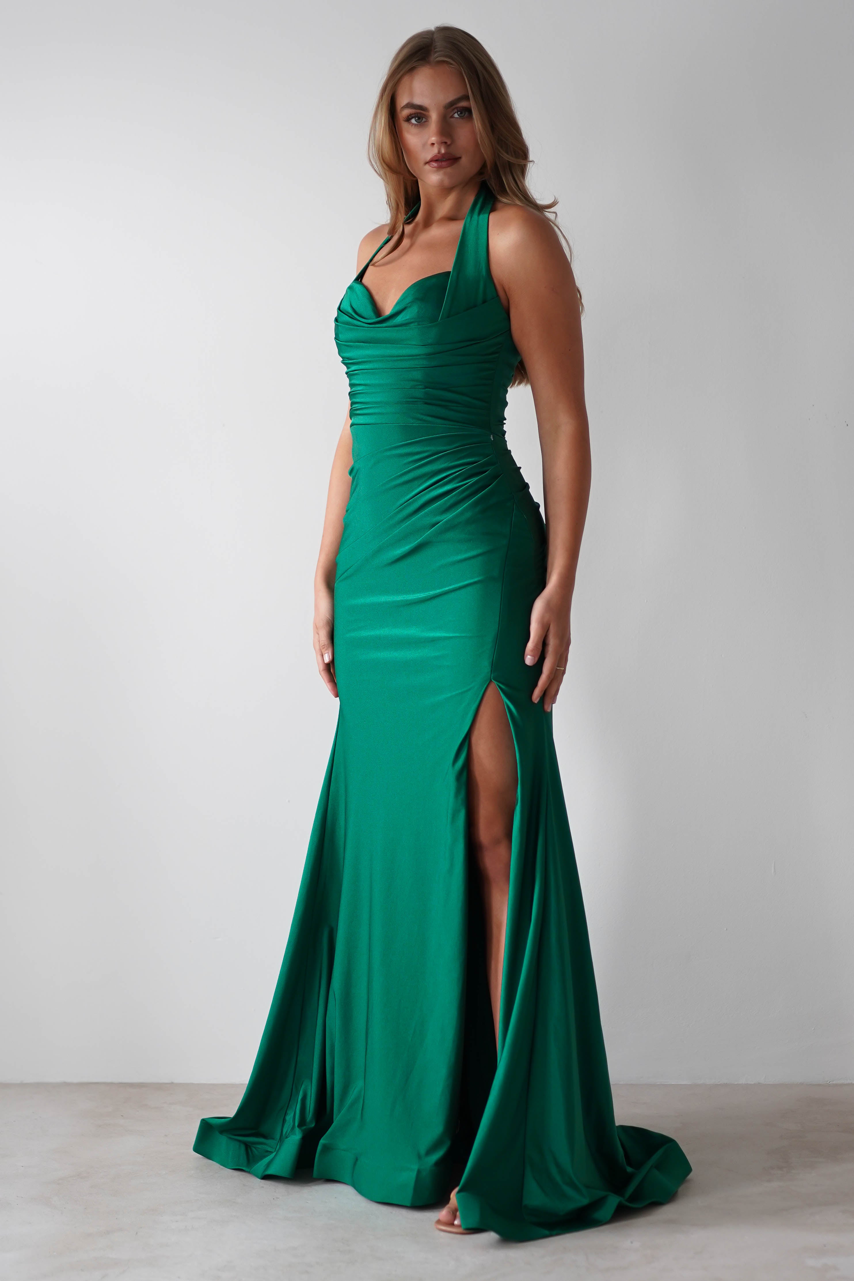 Adele Stretchy Halterneck Gown | Green | Debs & Prom | Formal Gown | Oh Hello Clothing