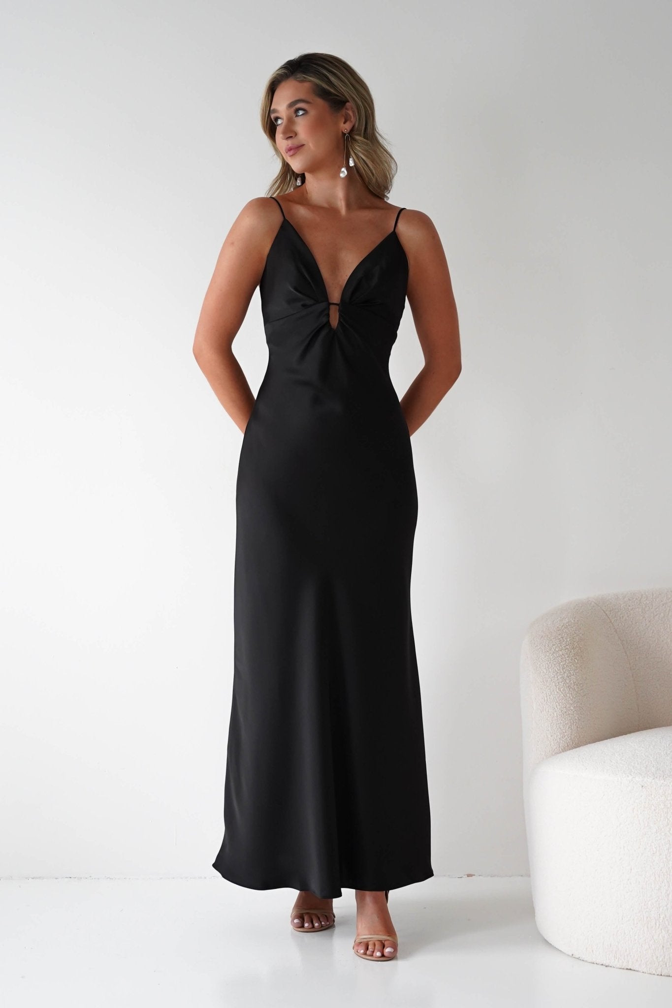 Adley Soft Satin Maxi Dress – Black Tie Satin Evening Gown | Oh Hello Clothing