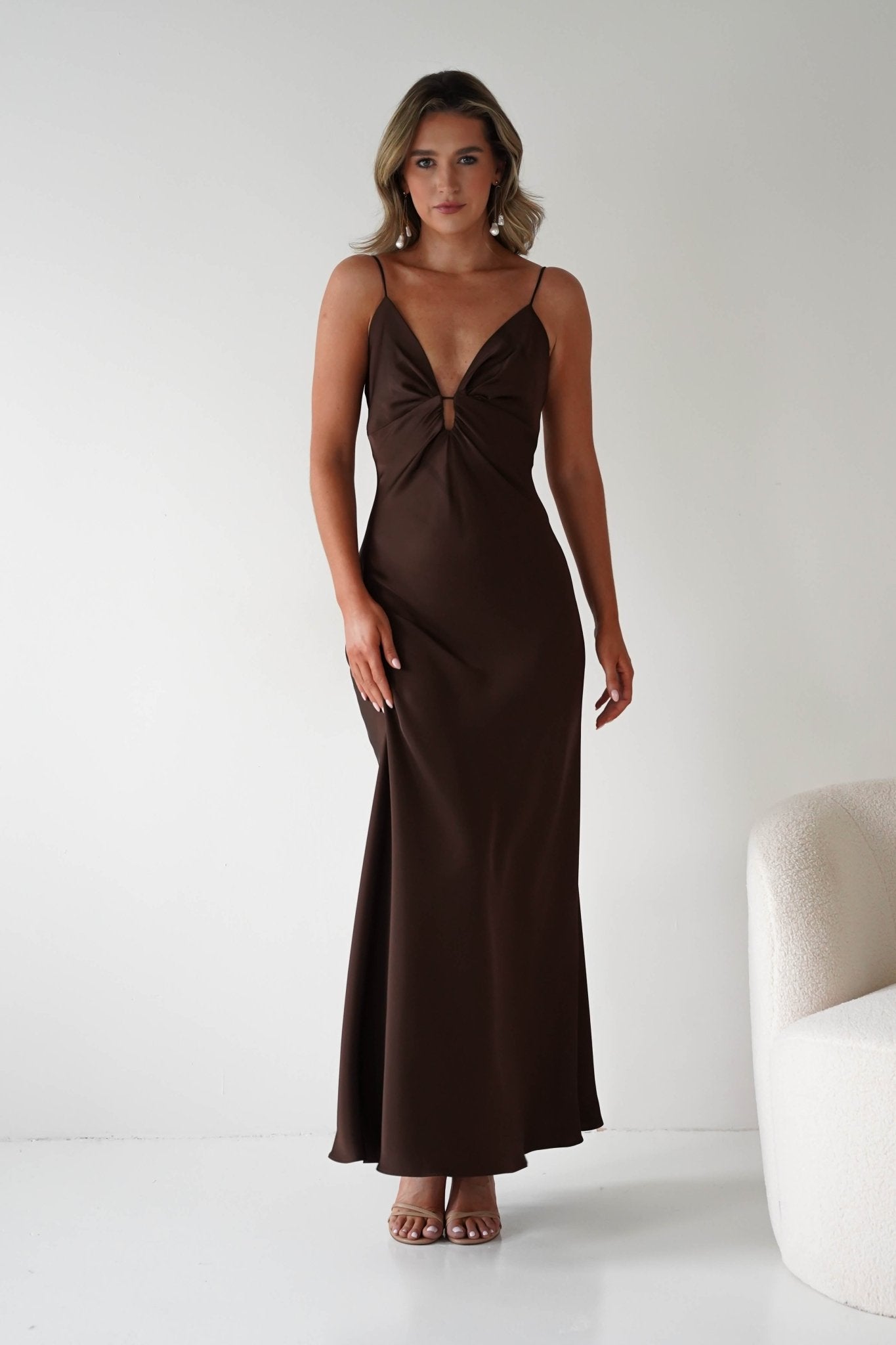 Adley Soft Satin Maxi Dress – Brown Satin Evening Gown | Oh Hello Clothing