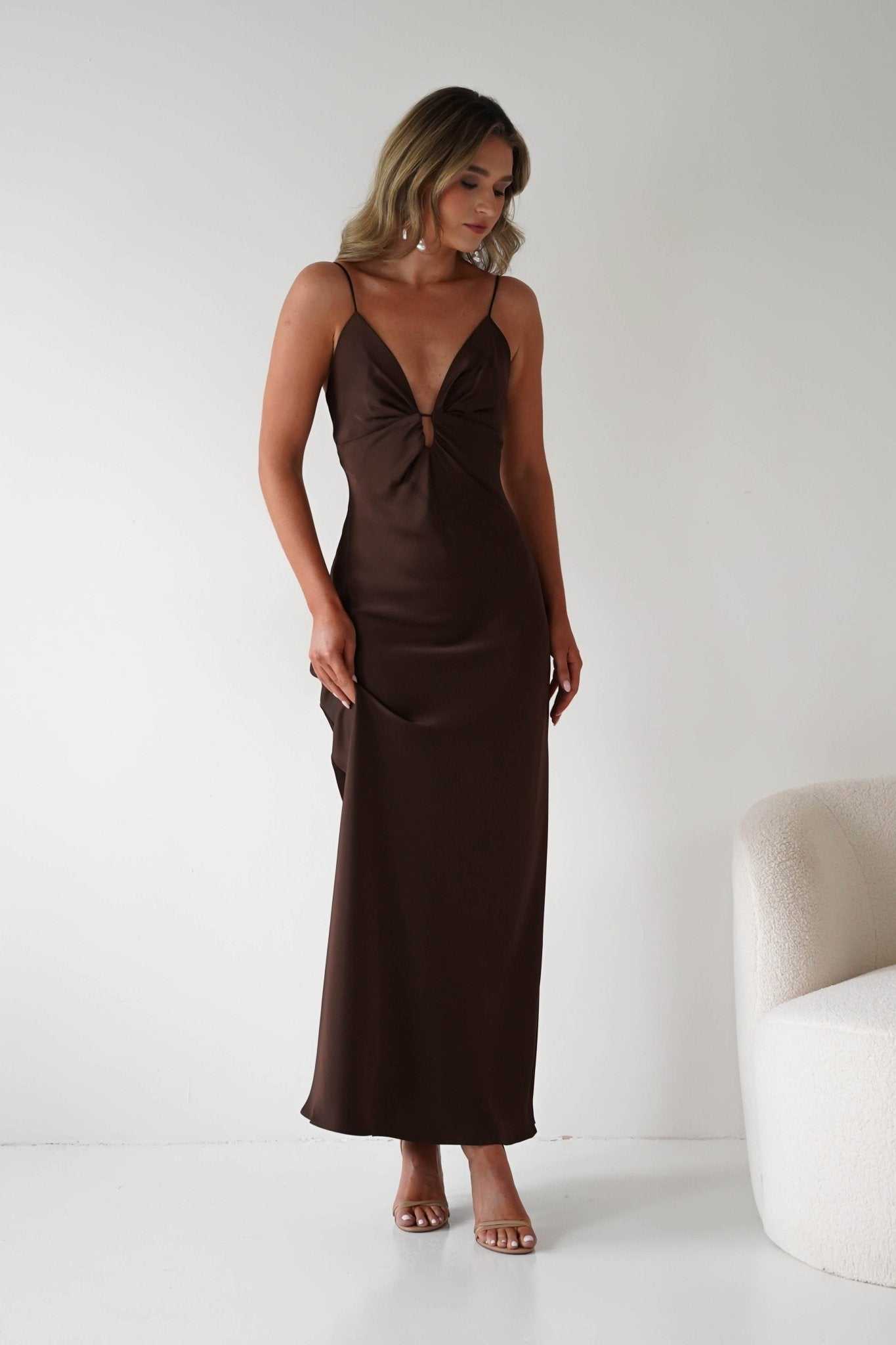 Adley Soft Satin Maxi Dress – Brown Satin Evening Gown | Oh Hello Clothing
