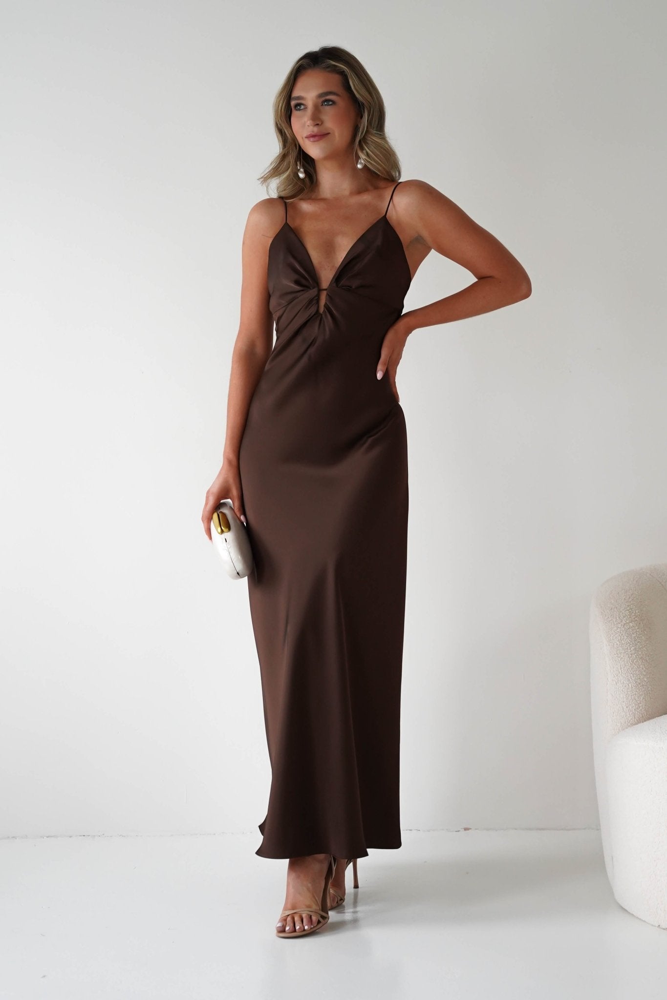 Adley Soft Satin Maxi Dress – Brown Satin Evening Gown | Oh Hello Clothing