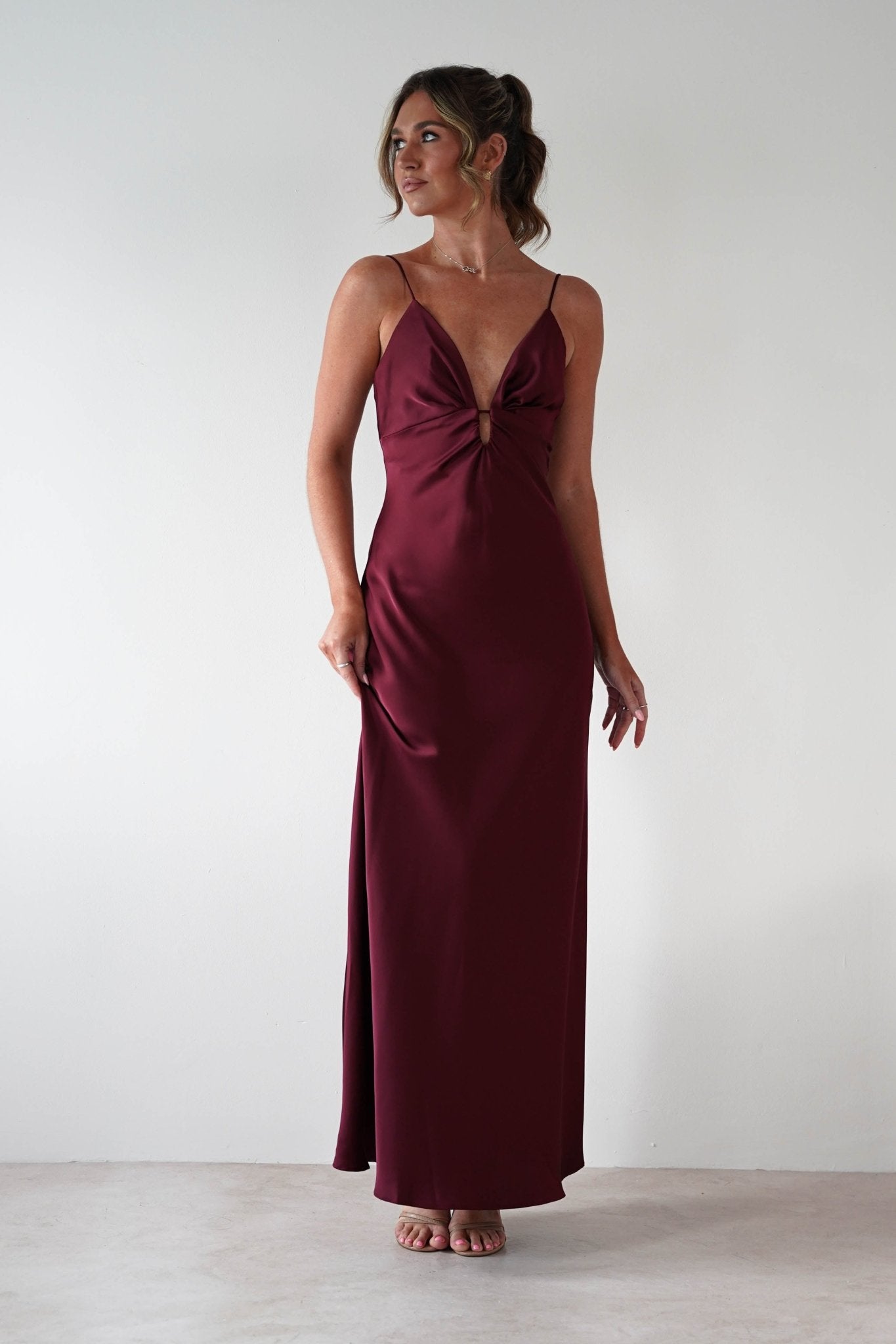 Adley Soft Satin Maxi Dress Burgundy | Wedding Guest Dress | Maxi | Satin | Oh Hello Clothing