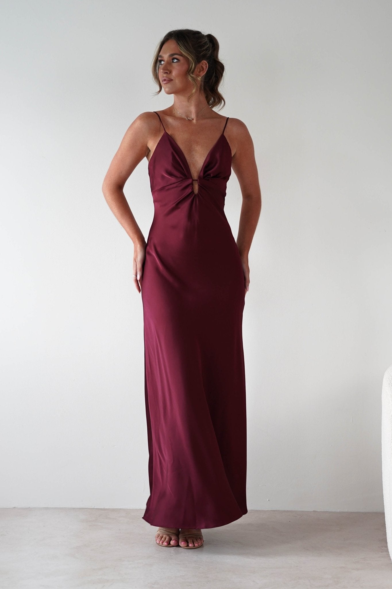 Adley Soft Satin Maxi Dress Burgundy | Wedding Guest Dress | Maxi | Satin | Oh Hello Clothing