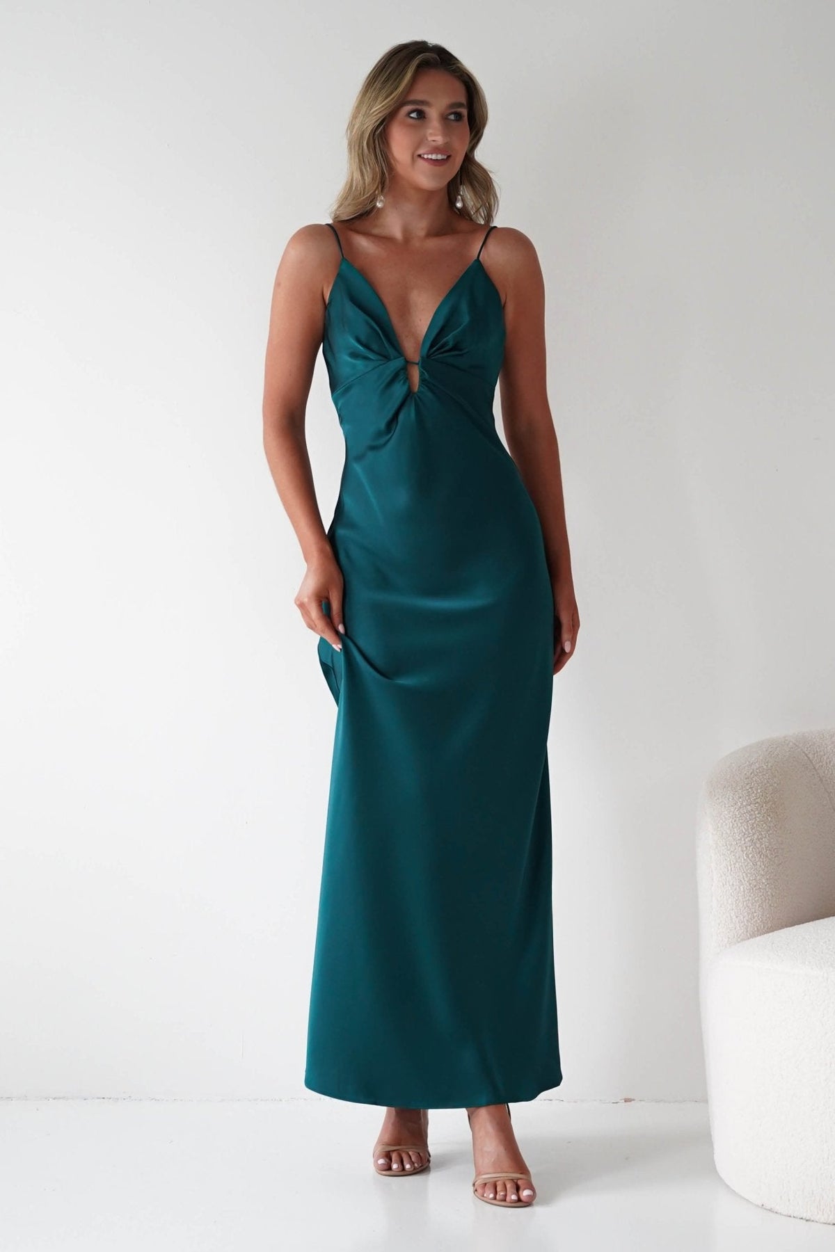 Adley Soft Satin Maxi Dress – Forest Green Satin Evening Dress | Oh Hello Clothing