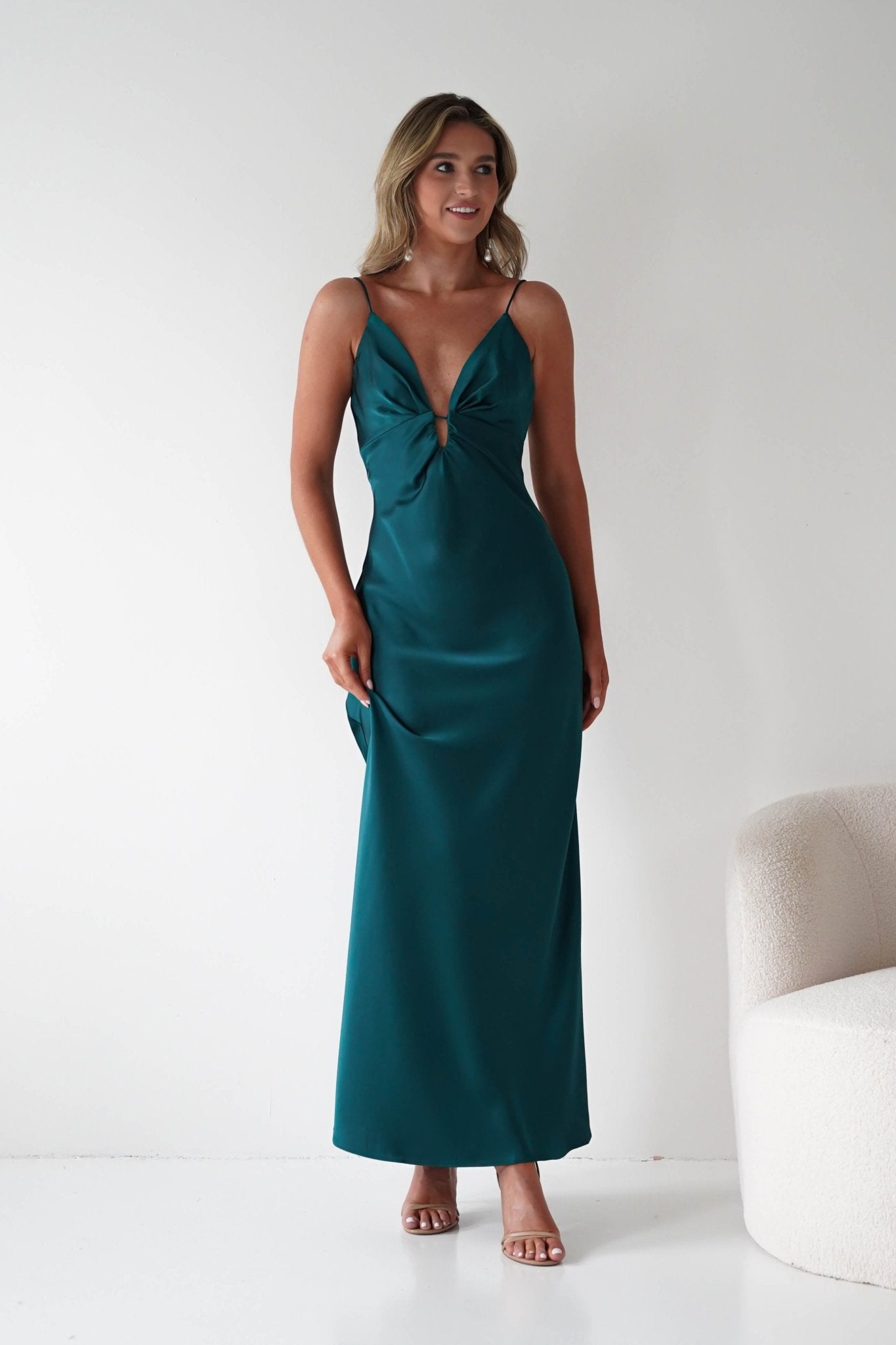 Adley Soft Satin Maxi Dress – Forest Green Satin Evening Dress | Oh Hello Clothing