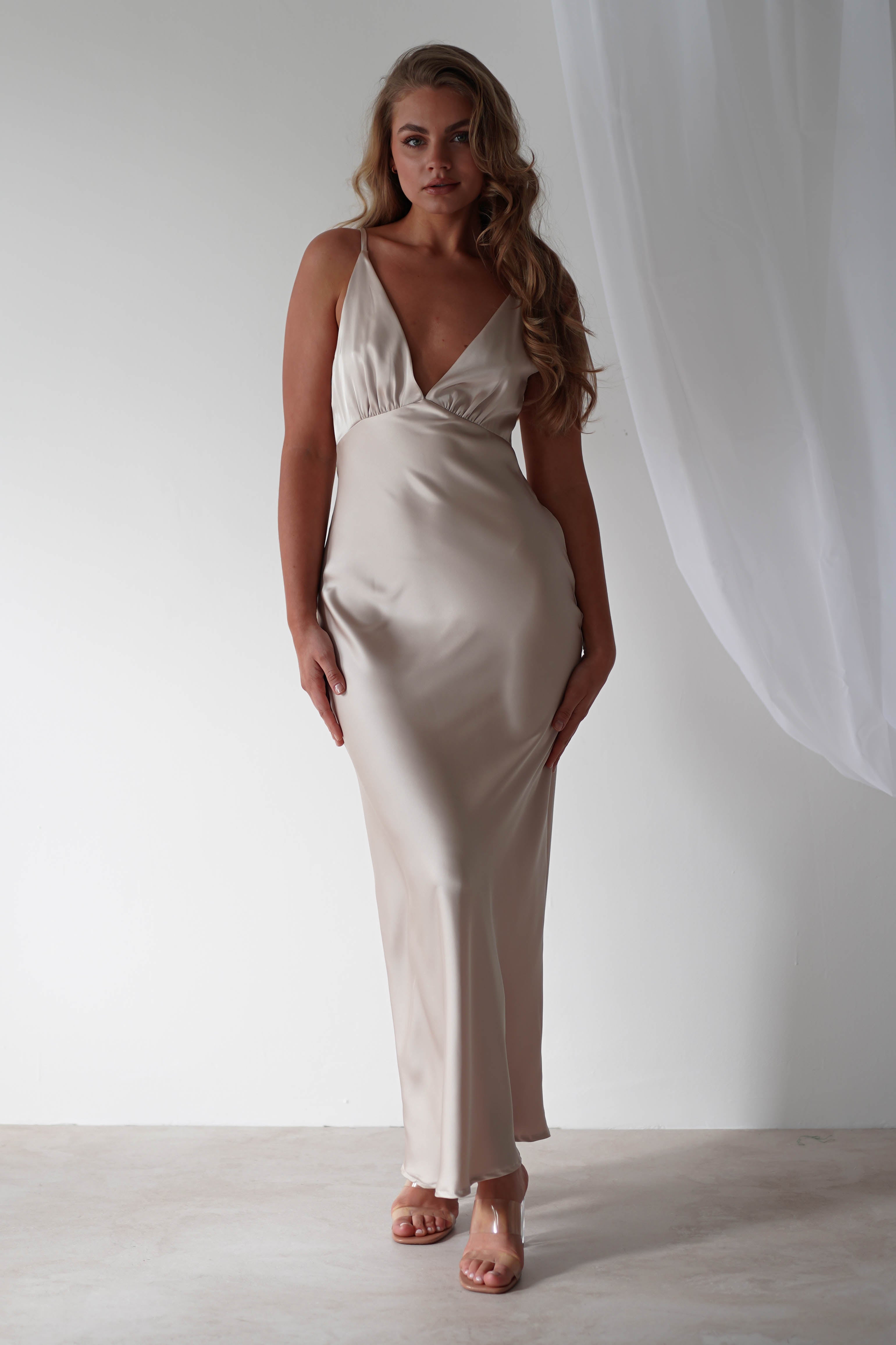 Aimie Soft Satin Maxi Dress | Champagne | Graduation | Bride To Be Hen Dress | Oh Hello Clothing