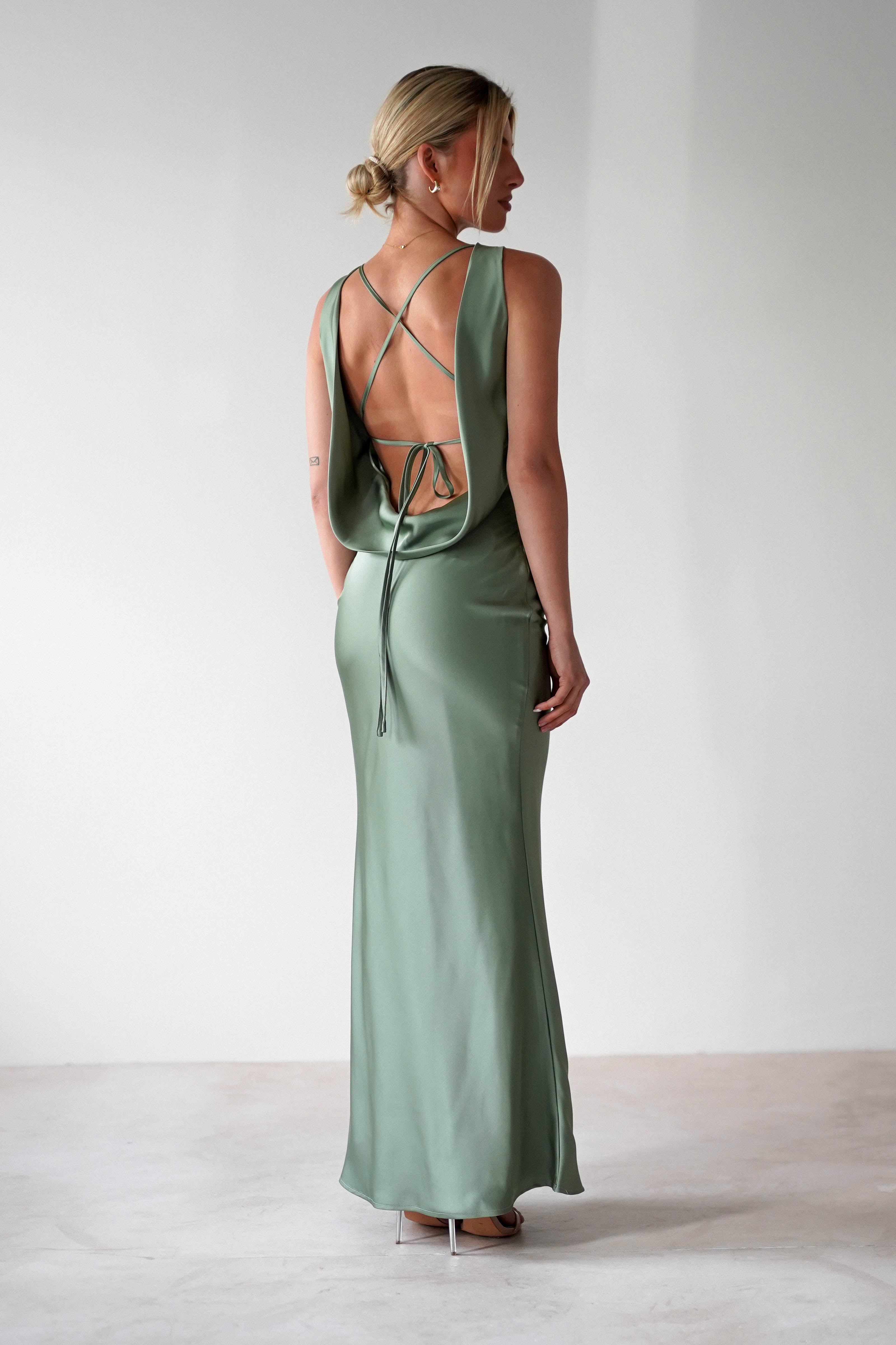 Alanna Soft Matte Satin Maxi Dress Olive | Wedding Guest Dress | Maxi | Satin | Oh Hello Clothing