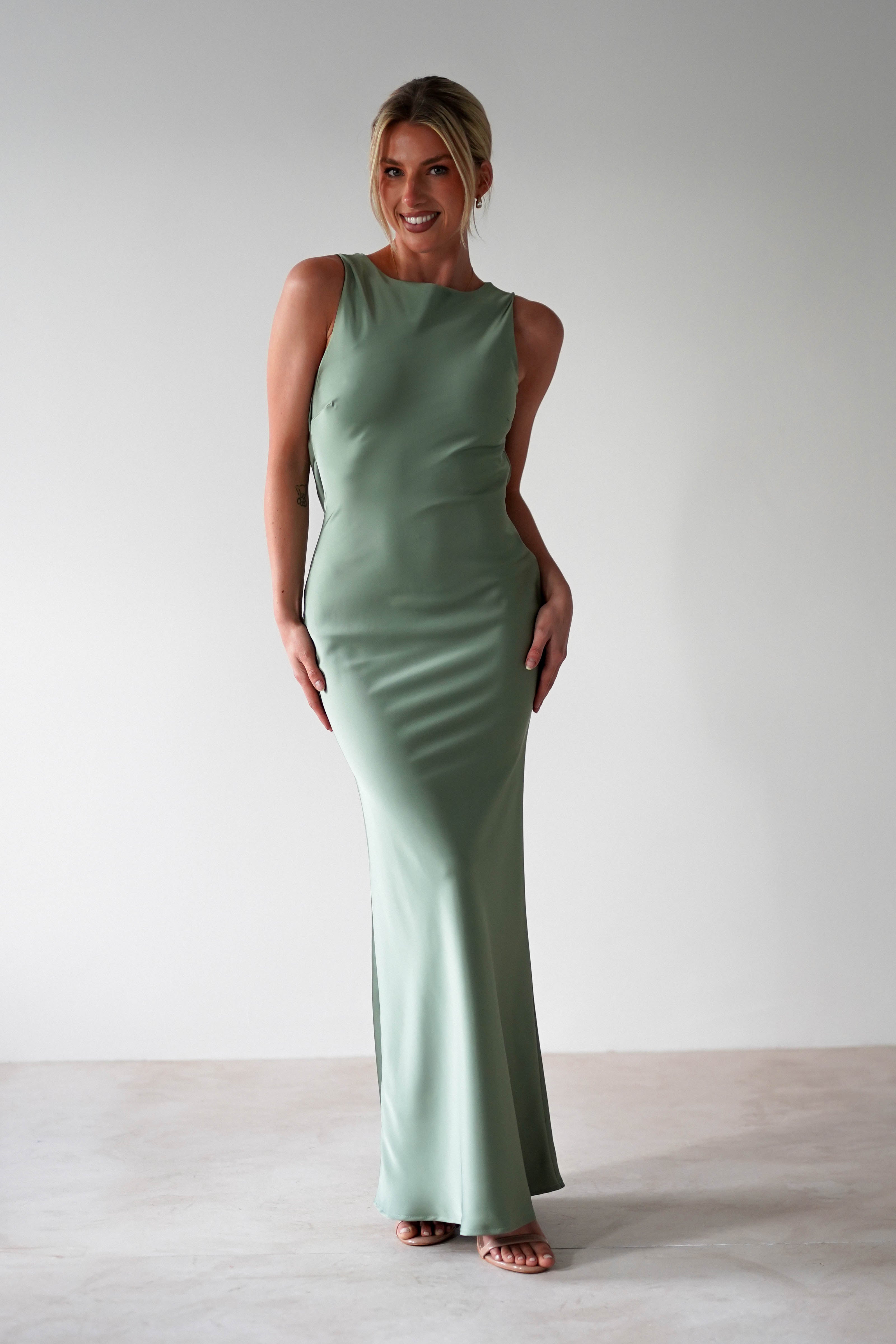 Alanna Soft Matte Satin Maxi Dress Olive | Wedding Guest Dress | Maxi | Satin | Oh Hello Clothing