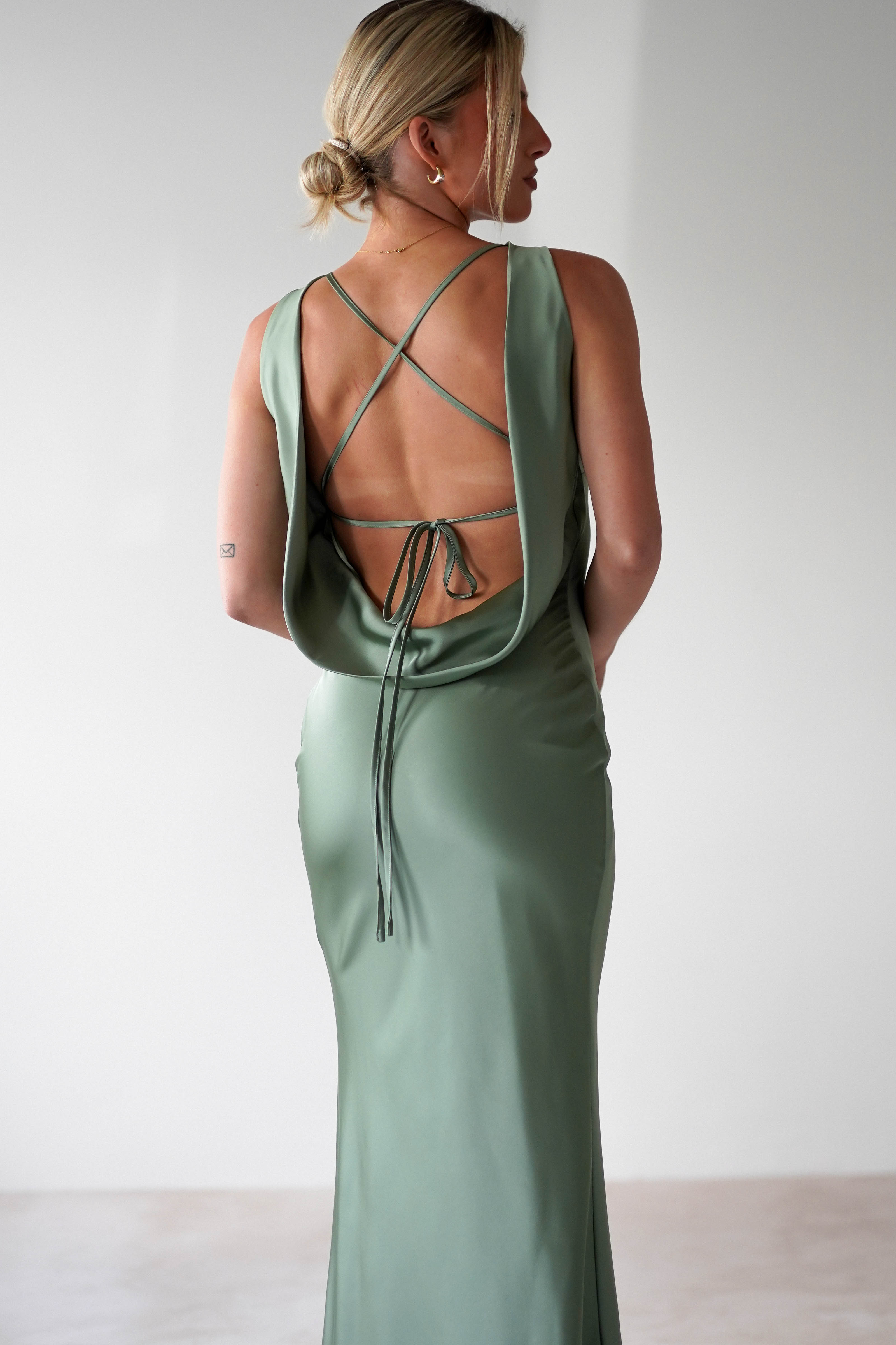 Alanna Soft Matte Satin Maxi Dress Olive | Wedding Guest Dress | Maxi | Satin | Oh Hello Clothing