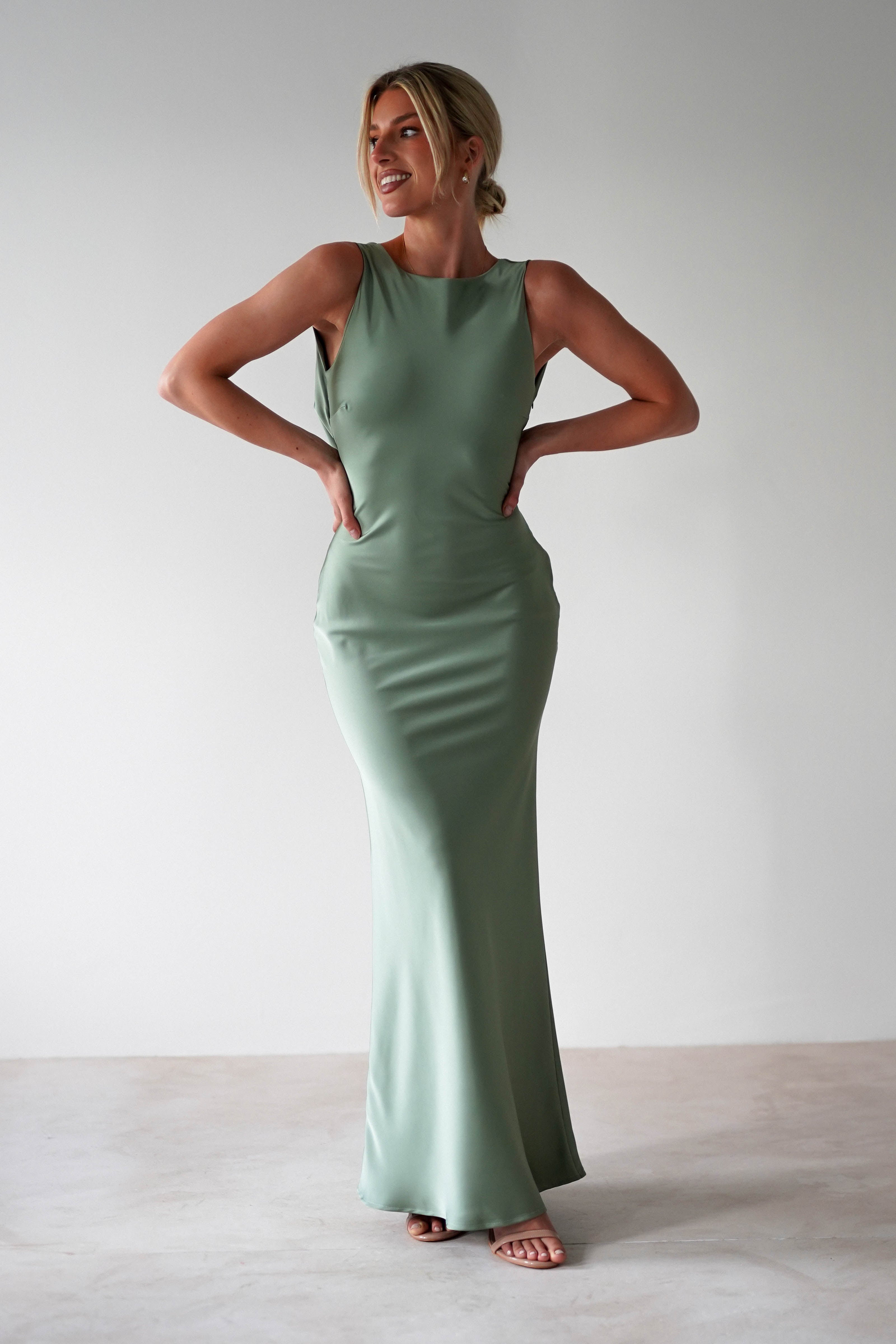 Alanna Soft Matte Satin Maxi Dress Olive | Wedding Guest Dress | Maxi | Satin | Oh Hello Clothing