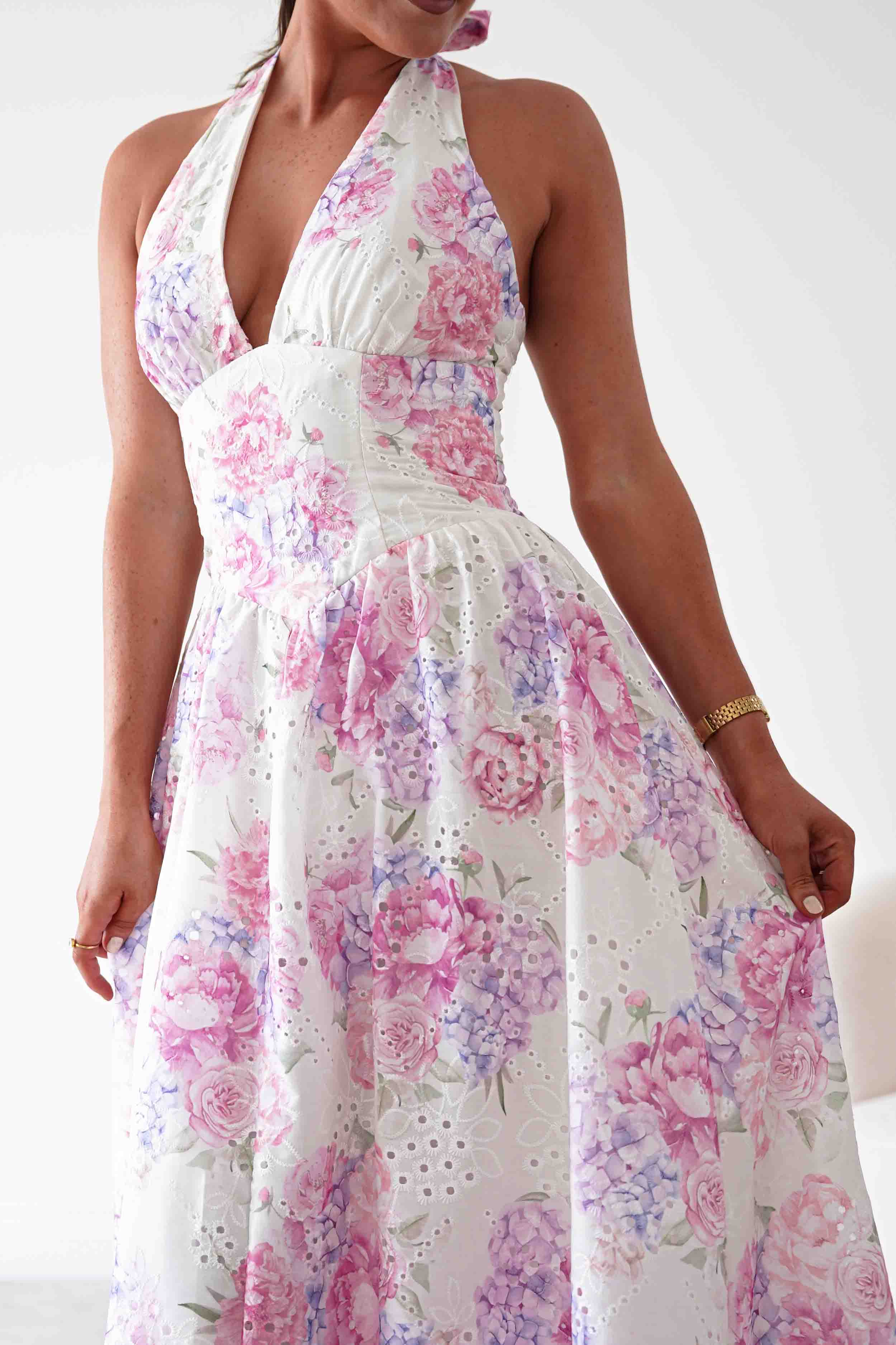 Oh Hello Clothing Women > Clothing > Dresses Alicia Broderie Floral Halterneck Midaxi Dress | White/Pink